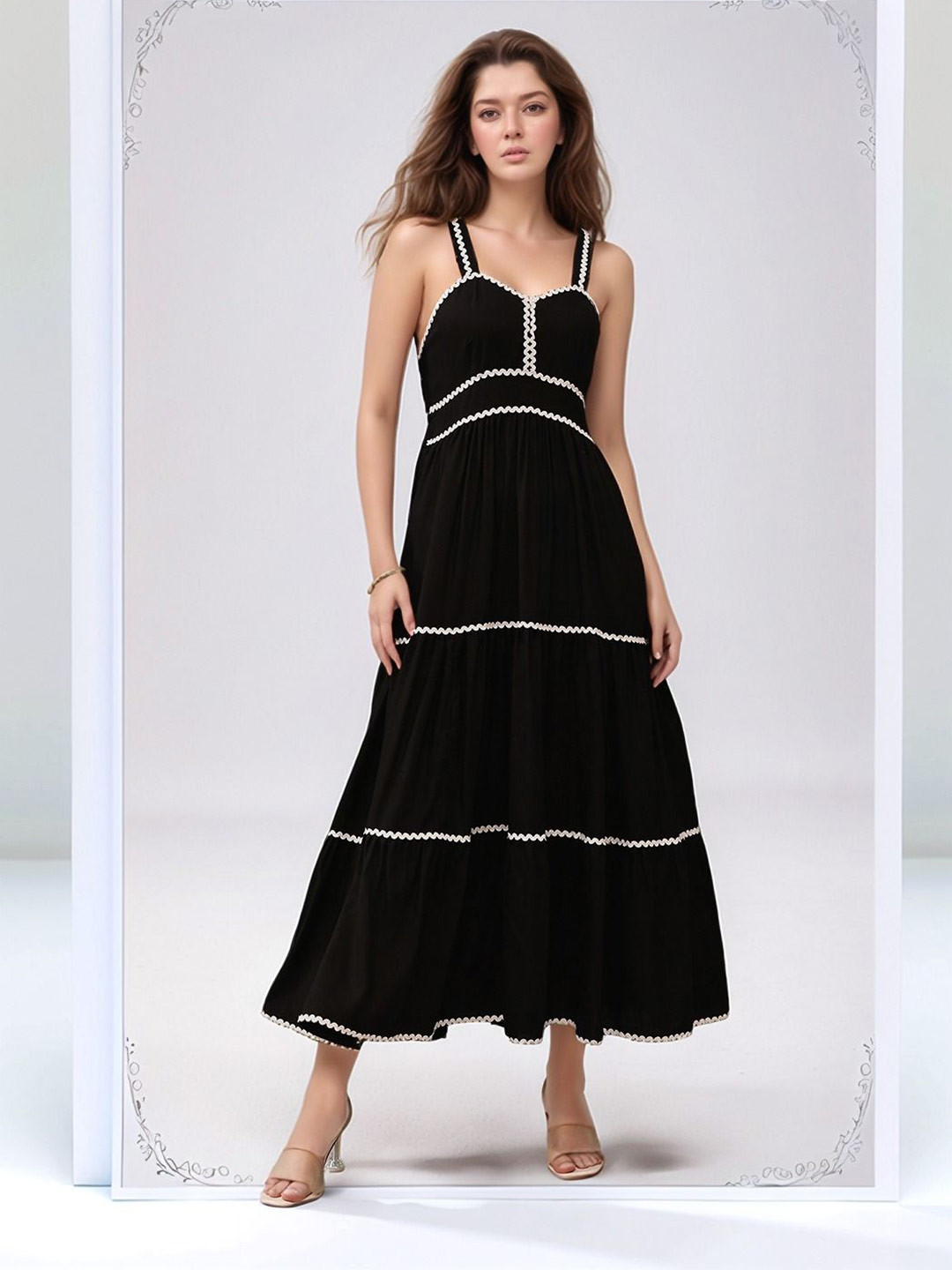 Molly & Michel Women Fit & Flare Maxi Dress with Taping Detail