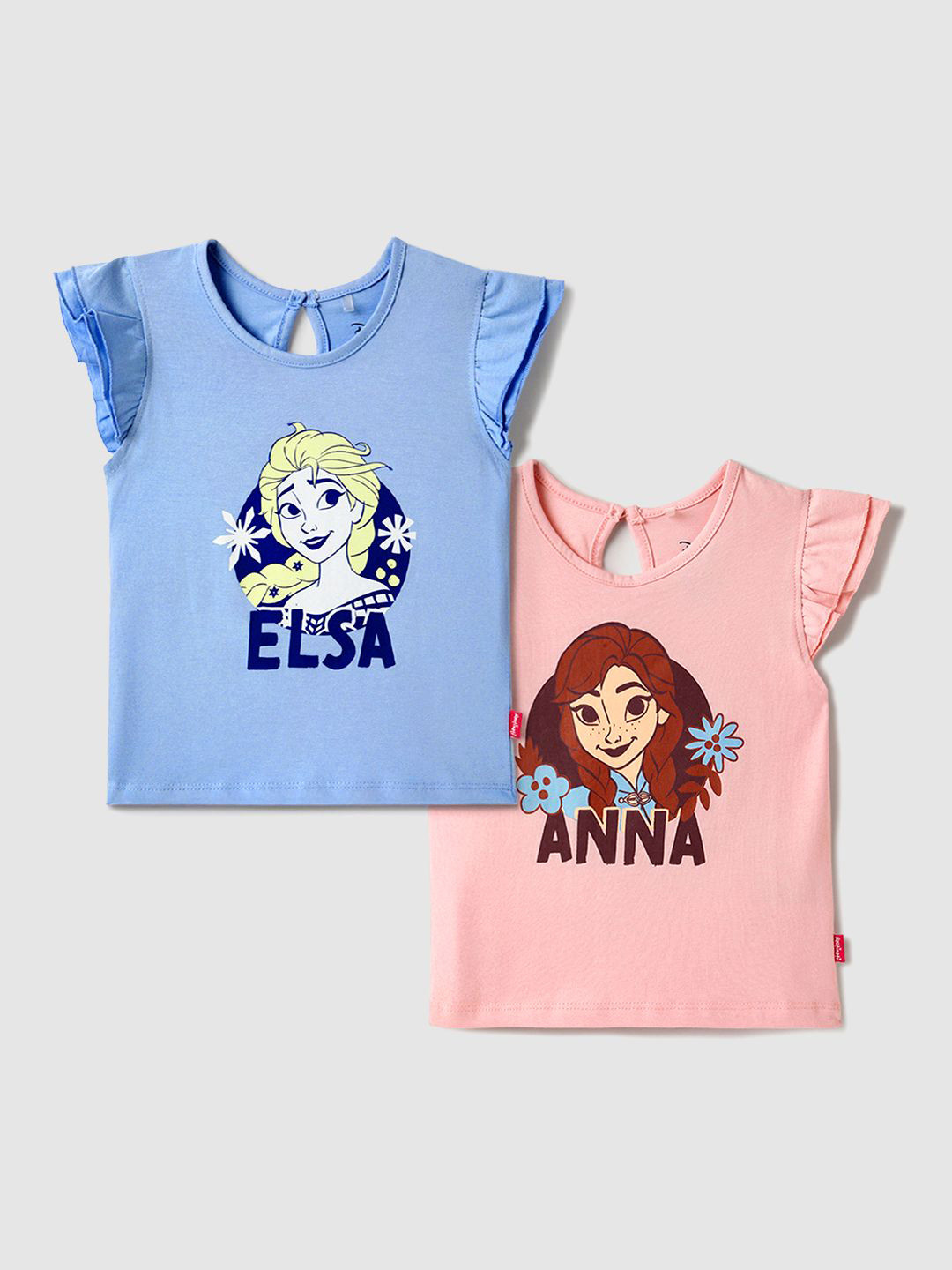 Nauti Nati Girls Pack of 2 Elsa & Anna Graphic Printed Round Neck Cotton T-shirts