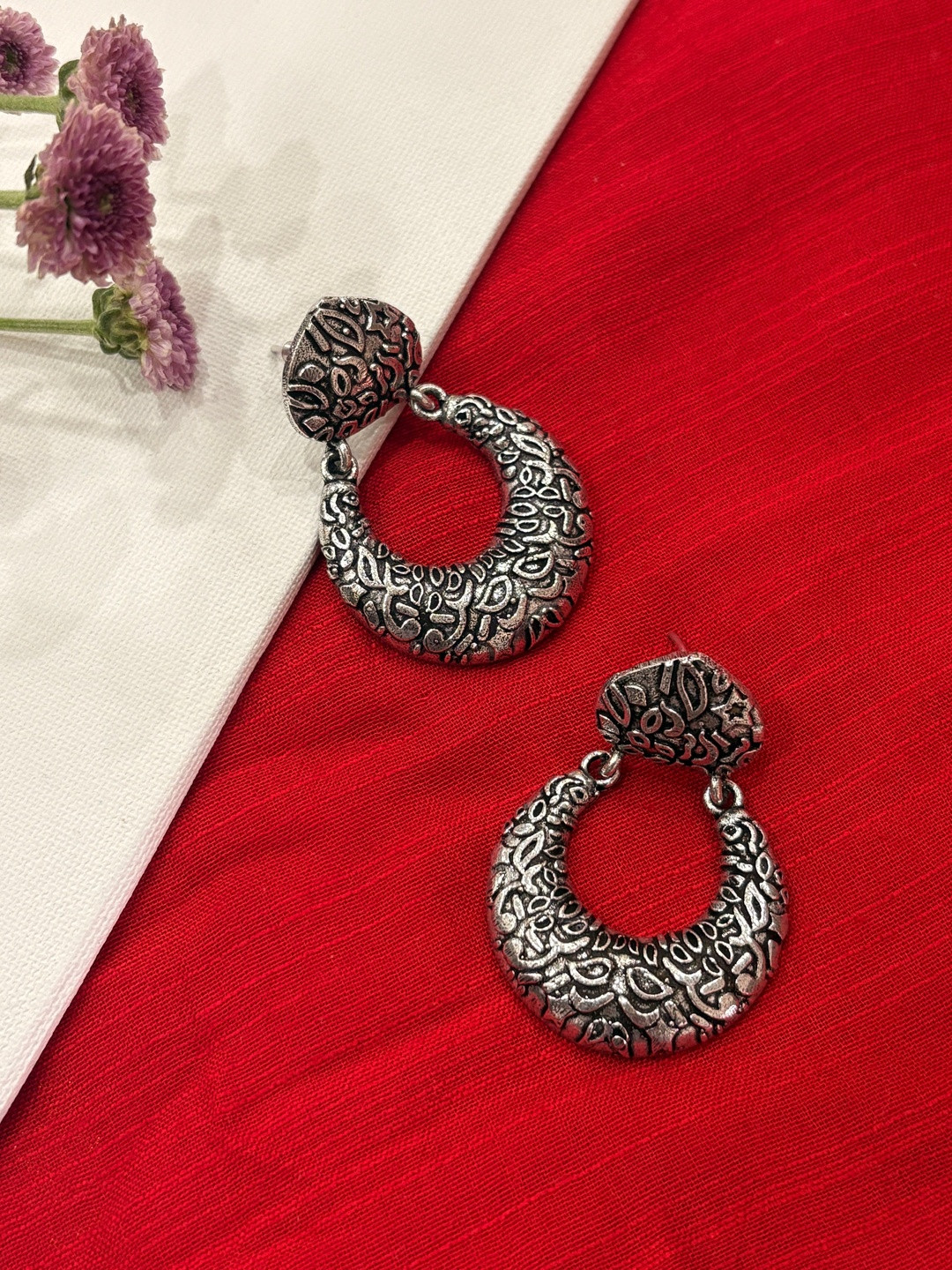 Niska Silver-Plated Crescent Shaped Oxidised Drop Earrings