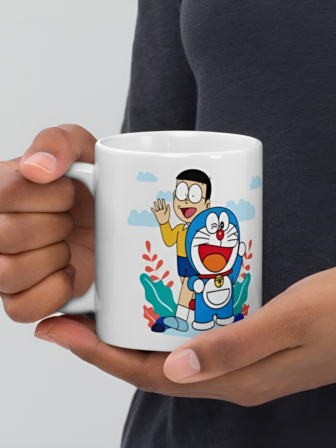 Mr UVD White & Blue Doraemon Printed Ceramic Glossy Mug - 350 ml