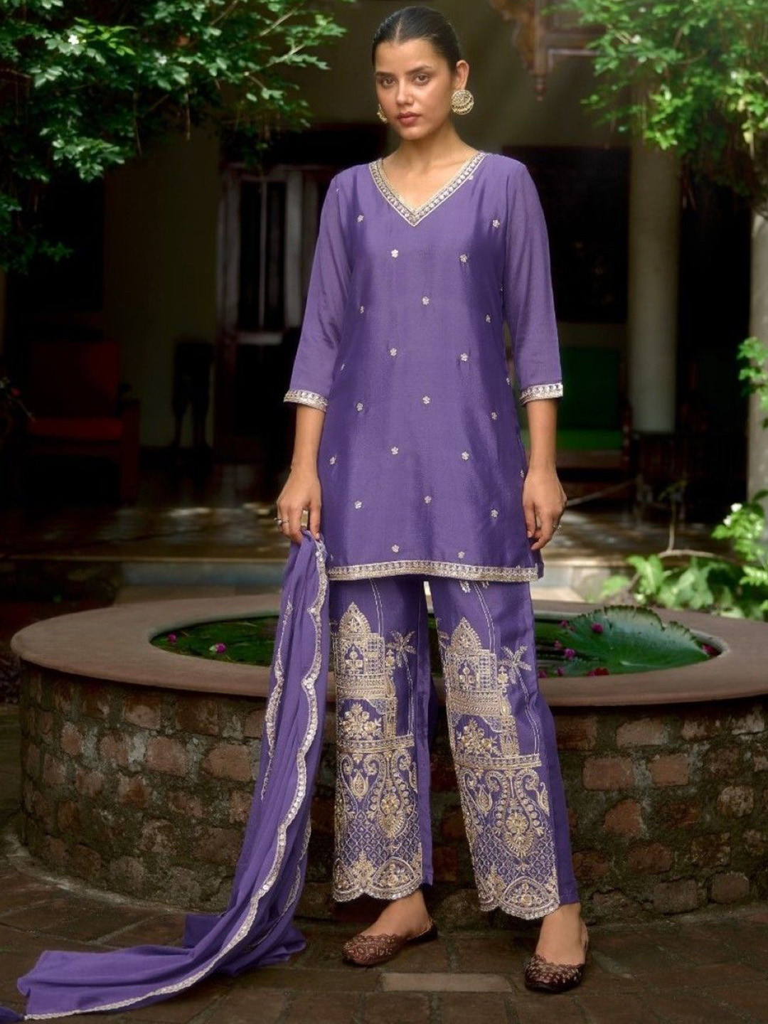 AUTUMN LANE Barista Floral Embroidered Sequinned Straight Kurta With Palazzos & Dupatta