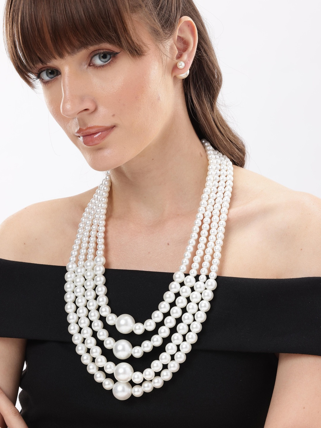 DressBerry Women 4 Layer White Pearl Beaded Necklace Set with Matching Stud Earrings