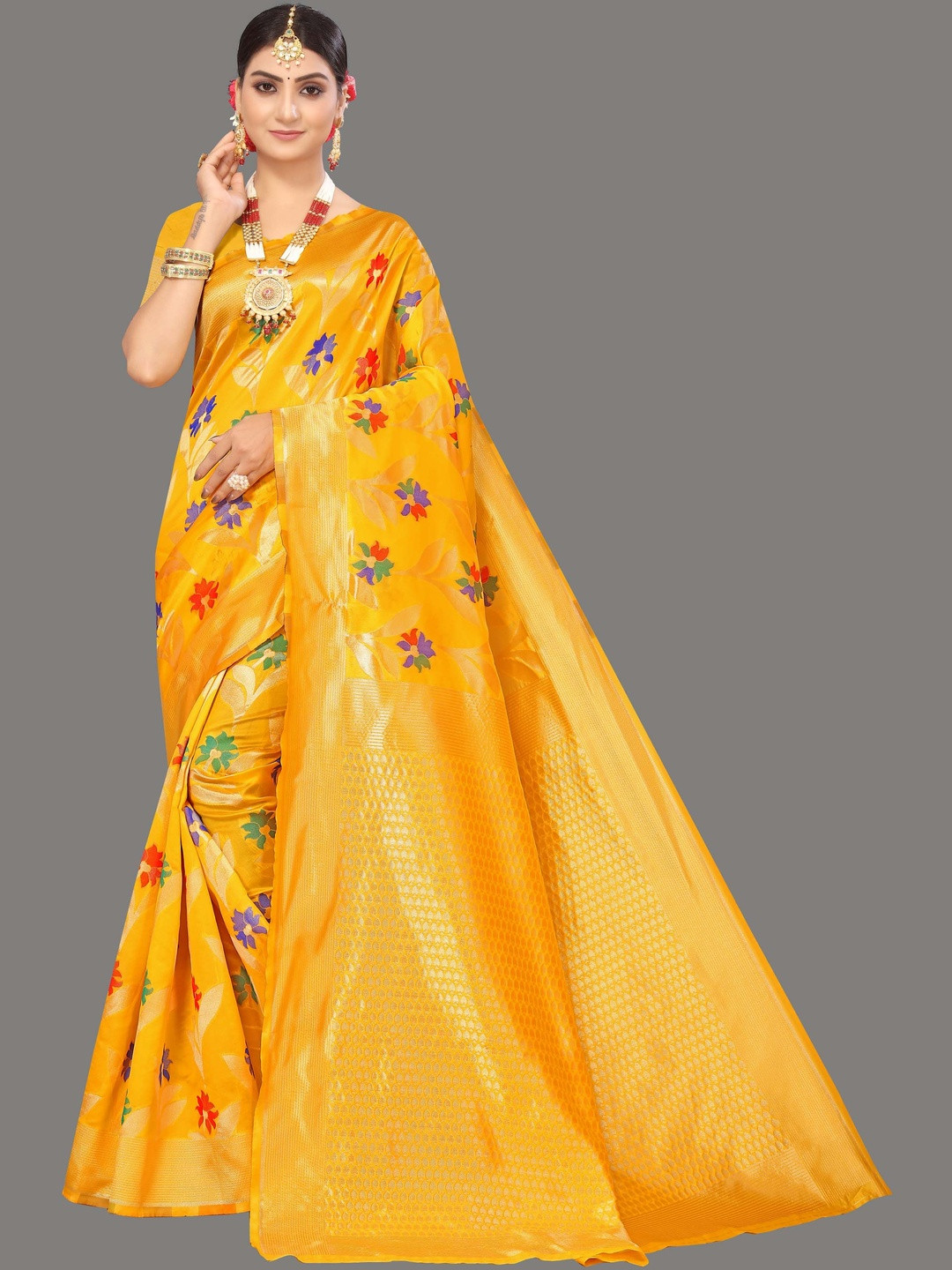 Suha Women Yellow Color Weaving Work Cotton Blend Saree