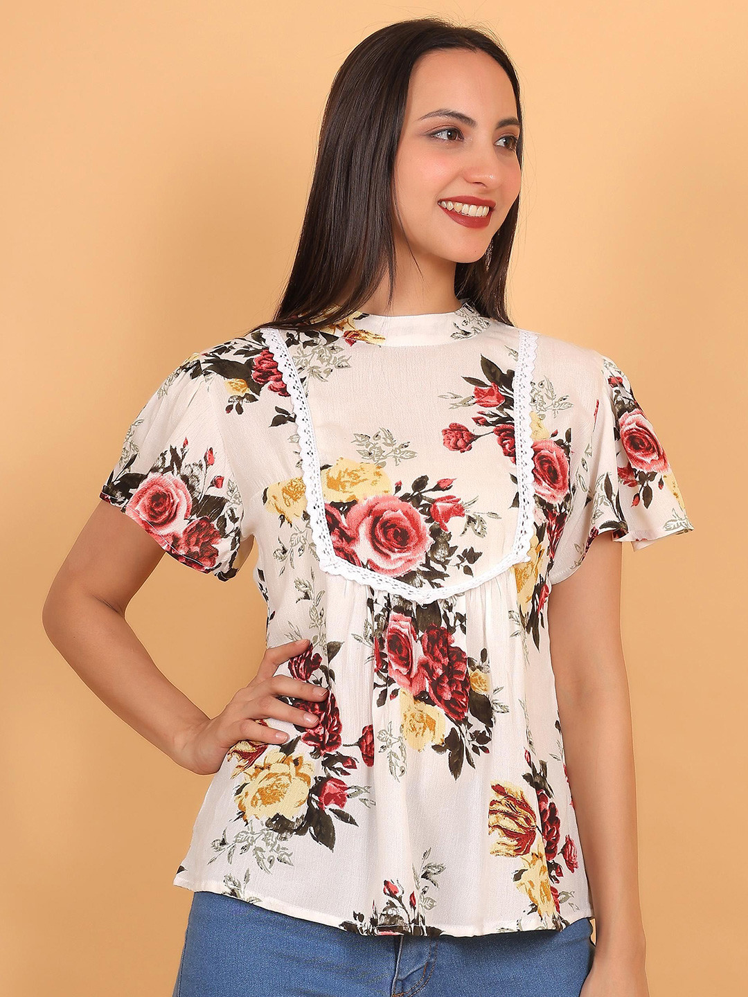 IB STYLES Women Floral Printed Flutter Sleeve Top