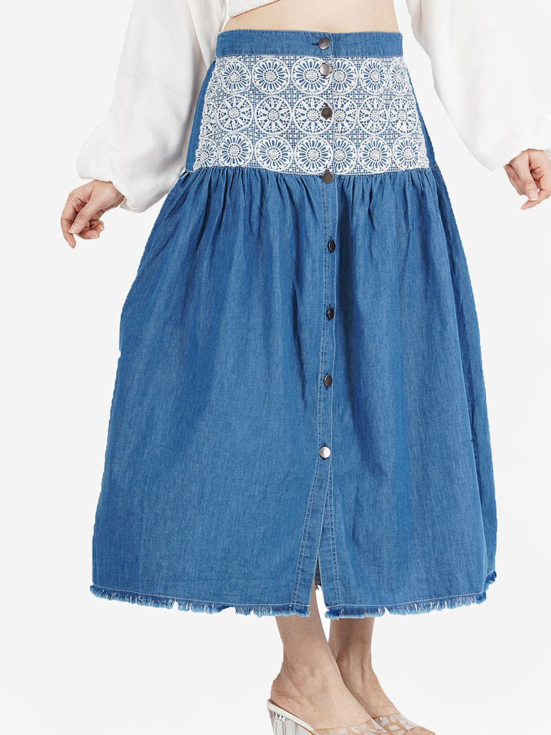 SUMAVI APPREALS Floral Embroidered Linen Mid-Rise A-Line Midi Skirt