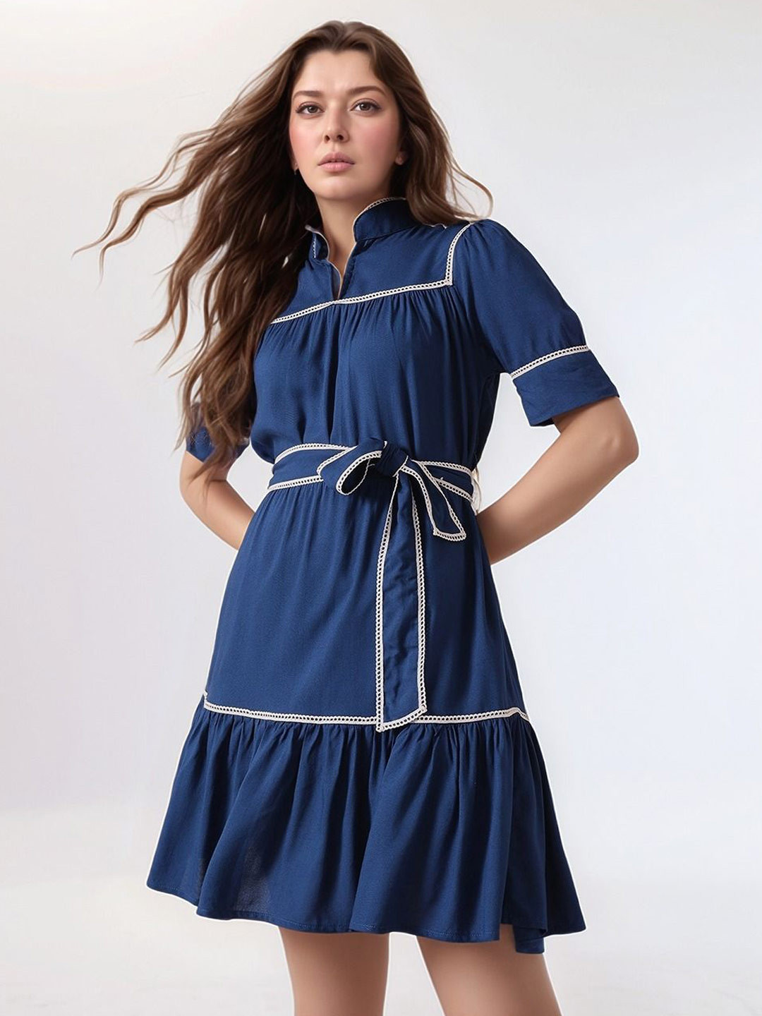 Molly & Michel Women Mandarin Collar Puff Sleeves Tie Up Fit & Flare Dress