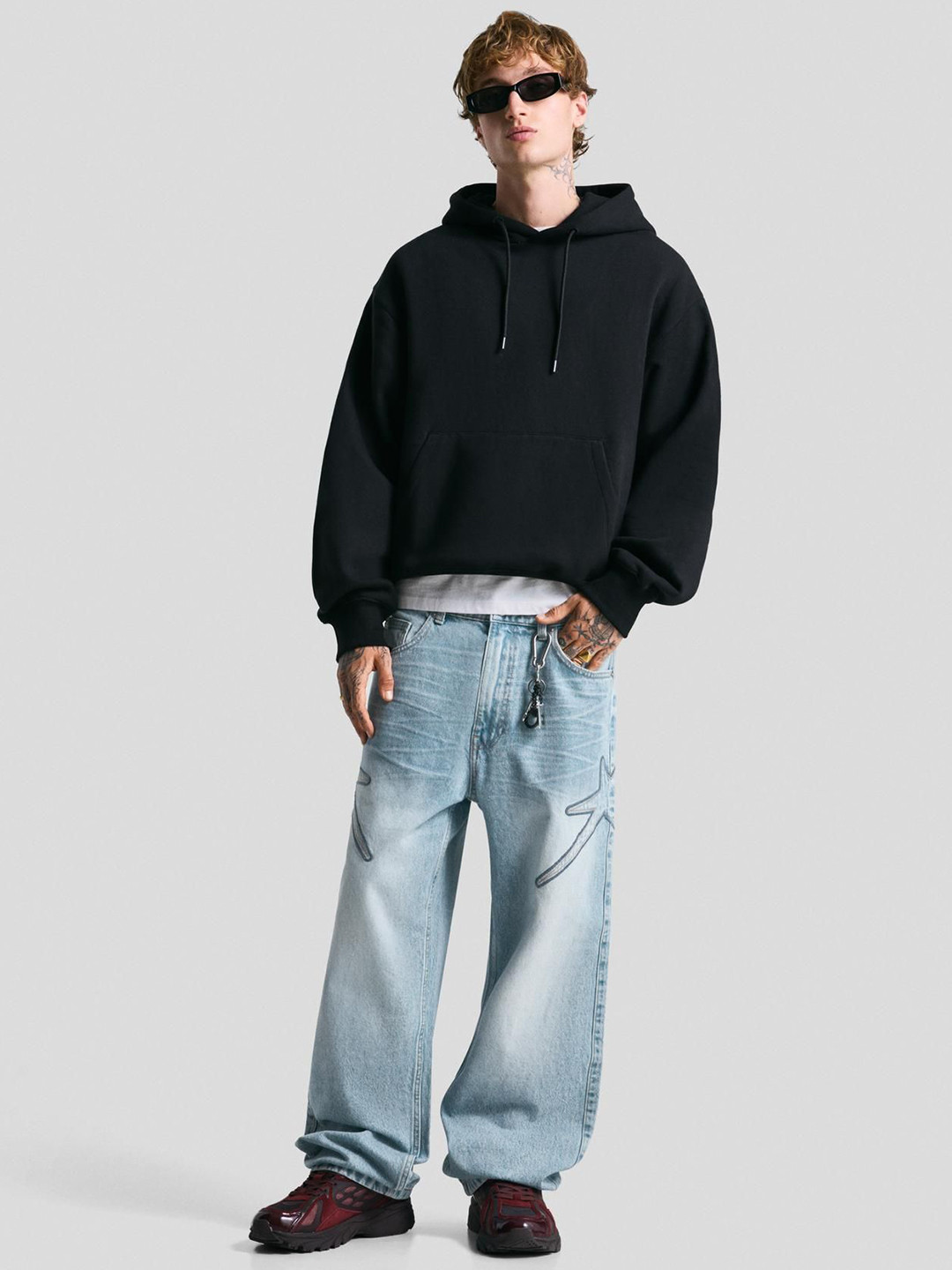 Bershka Embroidered Pure Cotton Baggy Jeans