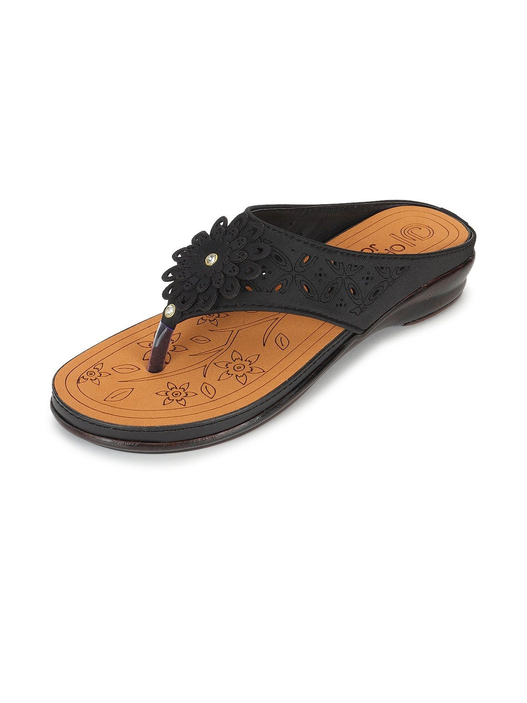 ORTHO JOY Women Black Floral Embellished Sandals