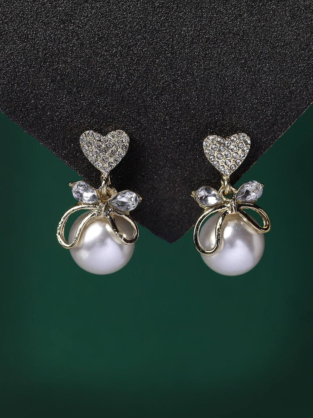 Scintillare By Sukkhi Gold Plated AD Studded & Pearls Beaded Heart Shaped Drop Earrings