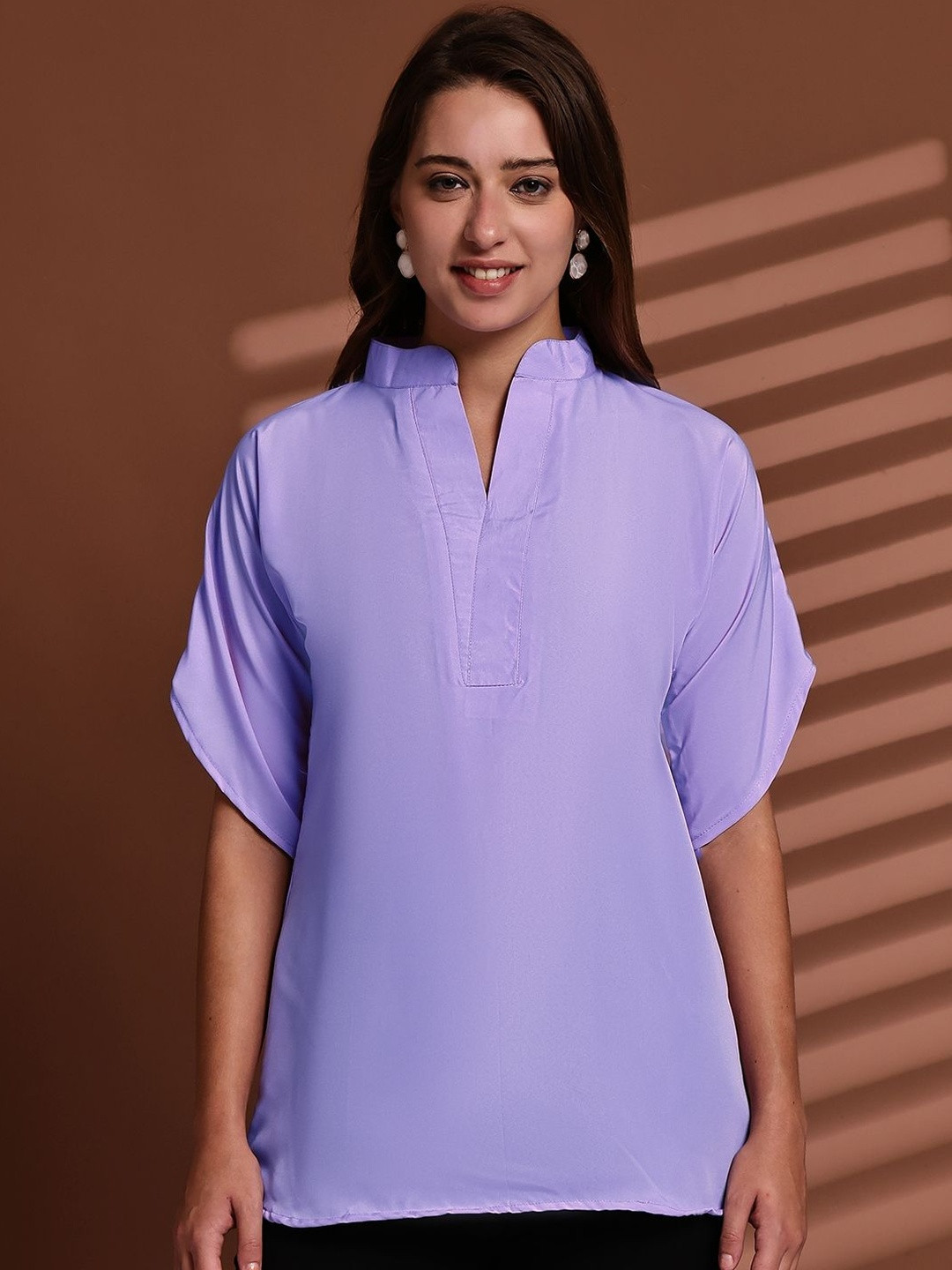 Enchanted Drapes Mandarin Collar Extended Sleeve Crepe Top