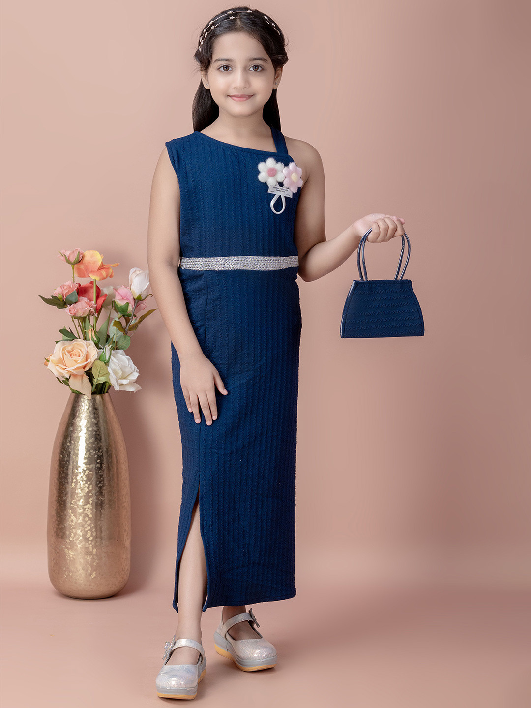 BARKAT DESIGNING PLANET Girls Asymmetric Neck Sleeveless Applique Sheath Midi Dress