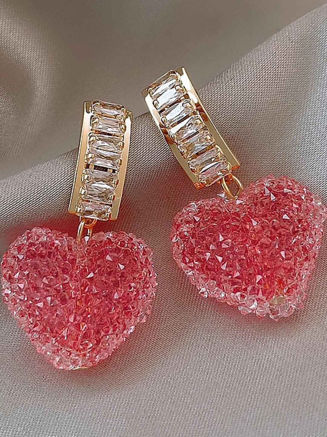 DressBerry Korean Pink Heart Crystal Drop Earrings