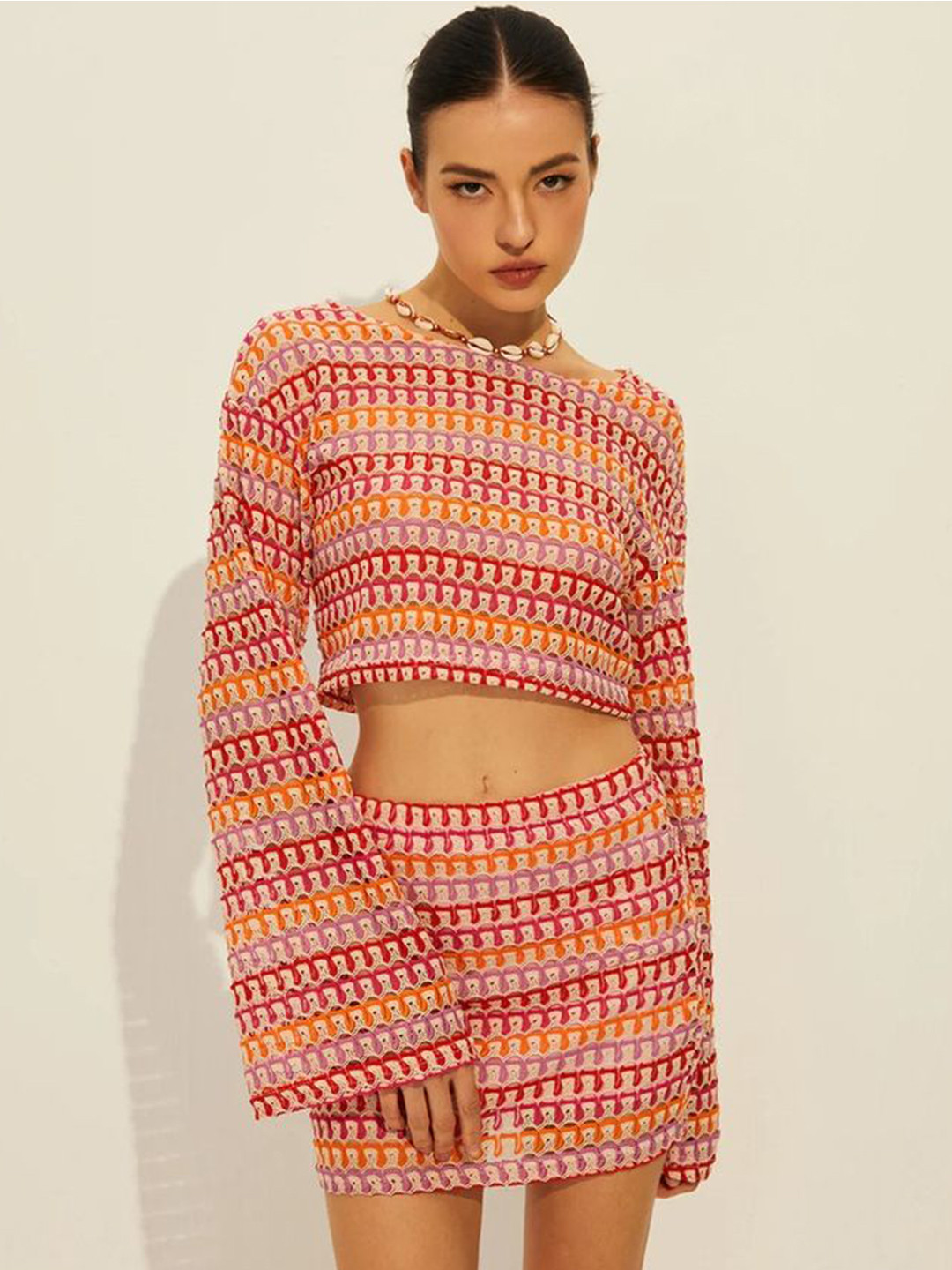 LULU & SKY Crochet Flared Sleeve Top With Skirt Co-Ords