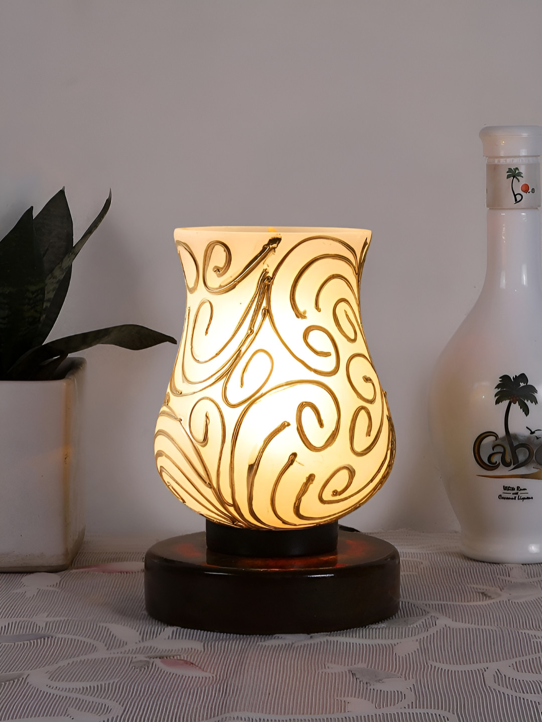 Aura White & God Toned Textured Bell Shaped Table Lamp With Base