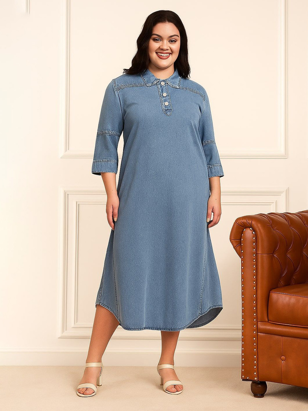 Orchid Blues Plus Size Shirt Collar Pure Cotton Denim A-Line Dress
