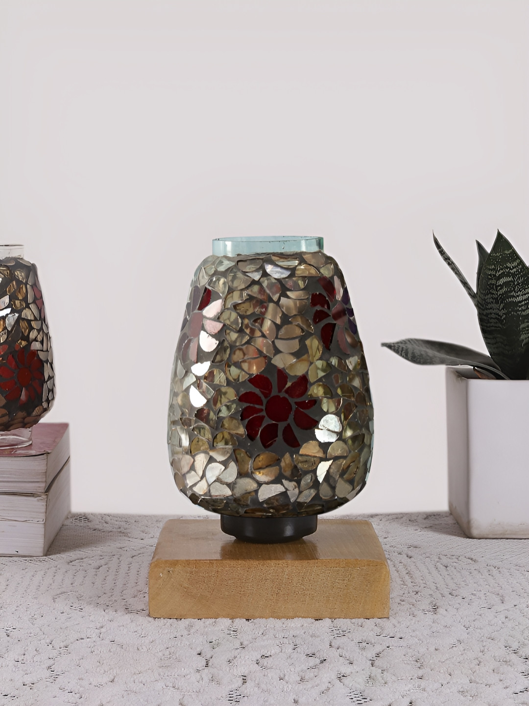 Aura Gold Toned & Red Textured Bell Shaped Glass Table Lamp with Wooden Base