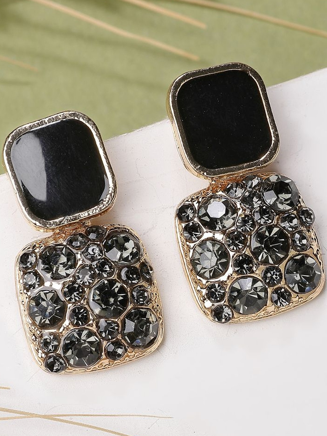 Scintillare By Sukkhi Gold-Plated Crystals Studded Square Shaped Drop Earrings