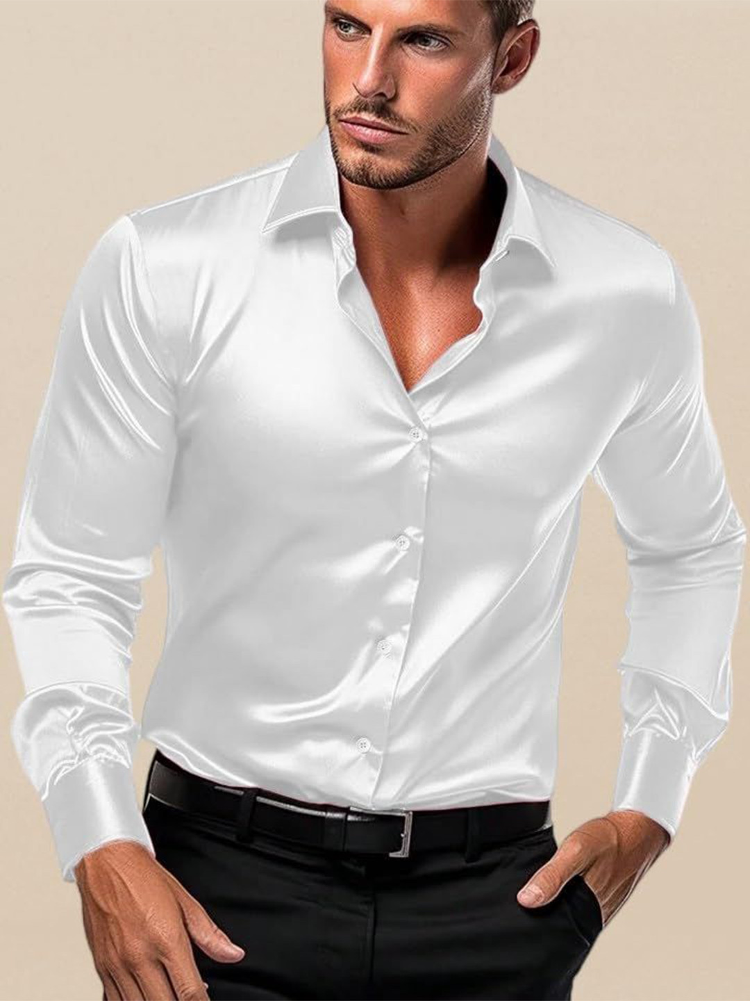 INDOPRIMO Men Solid Spread Collar Satin Formal Shirt