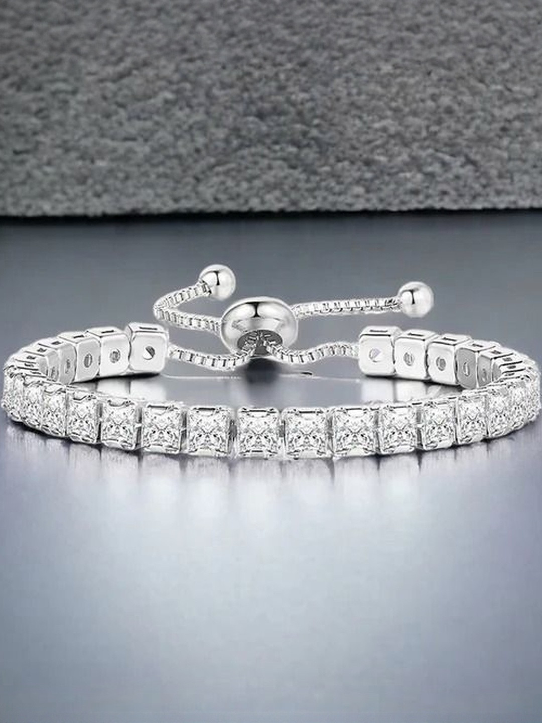 MOON & MUSE Silver Plated Anti-Tarnish CZ Studded Stainless Steel Square Cut Link Bracelet