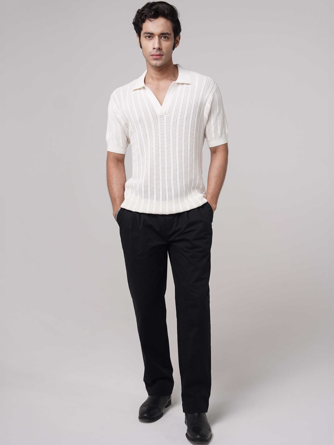 COVE AND LANE Men Self Design Polo Collar Cotton T-shirt