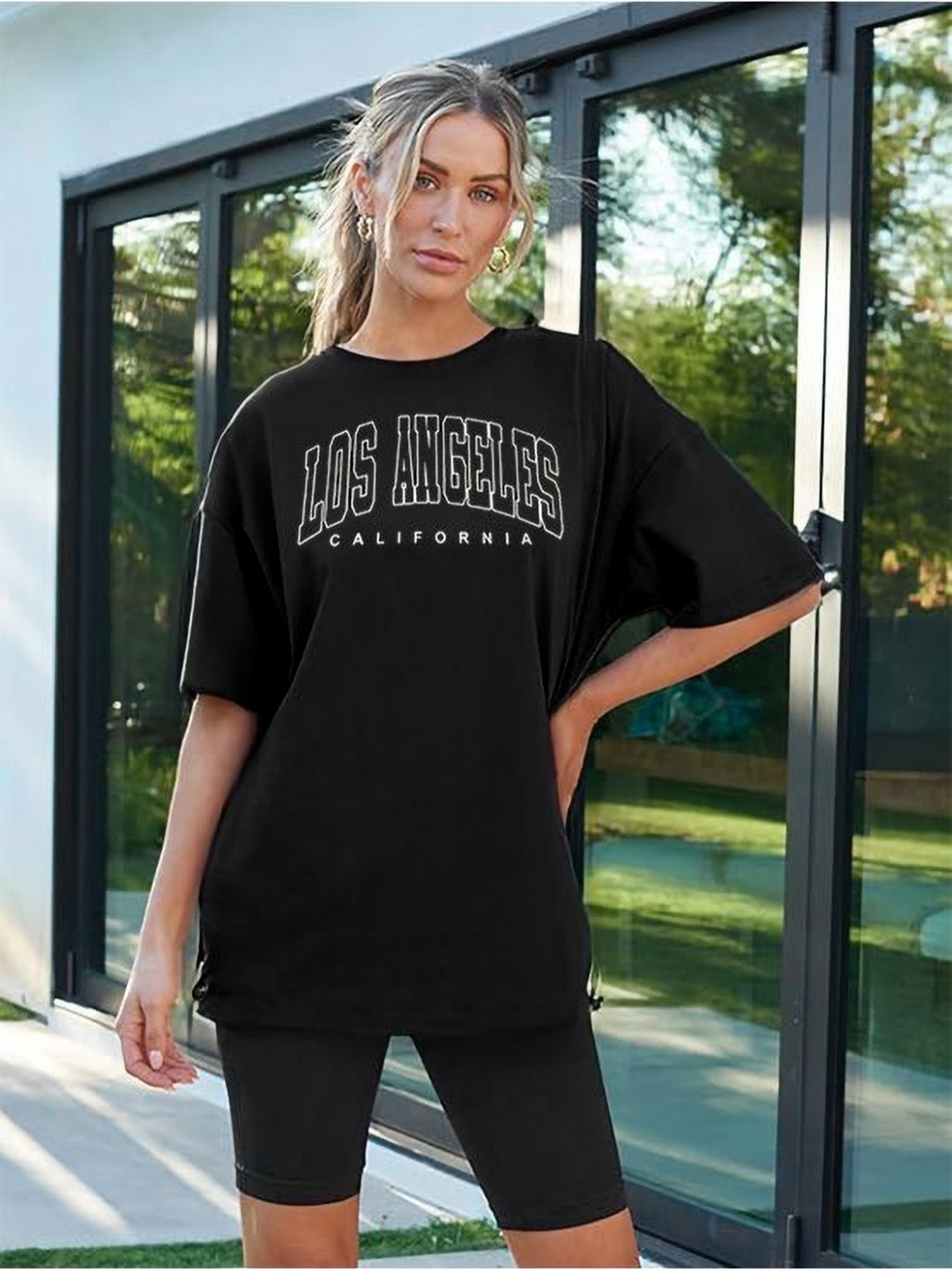 DIAZ Pack Of 2 Printed Round Neck Drop-Shoulder Sleeves Cotton Oversized T-shirts