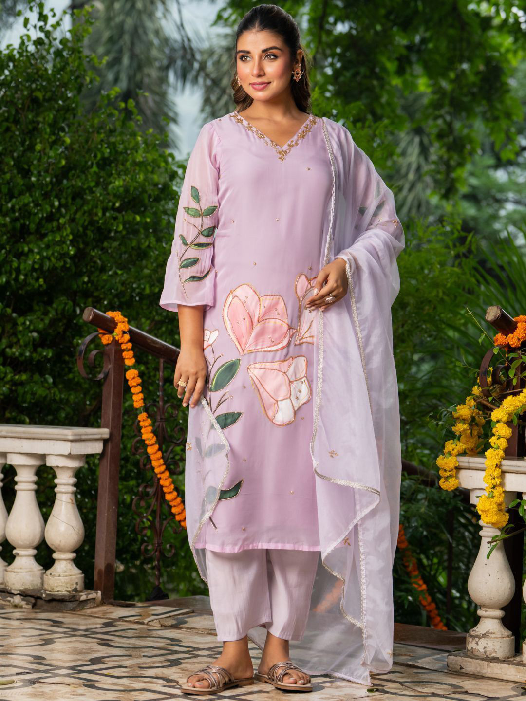 HOUSE OF JAMOTI Rosetta Floral Embroidered V-Neck Thread Work Organza Suit Set