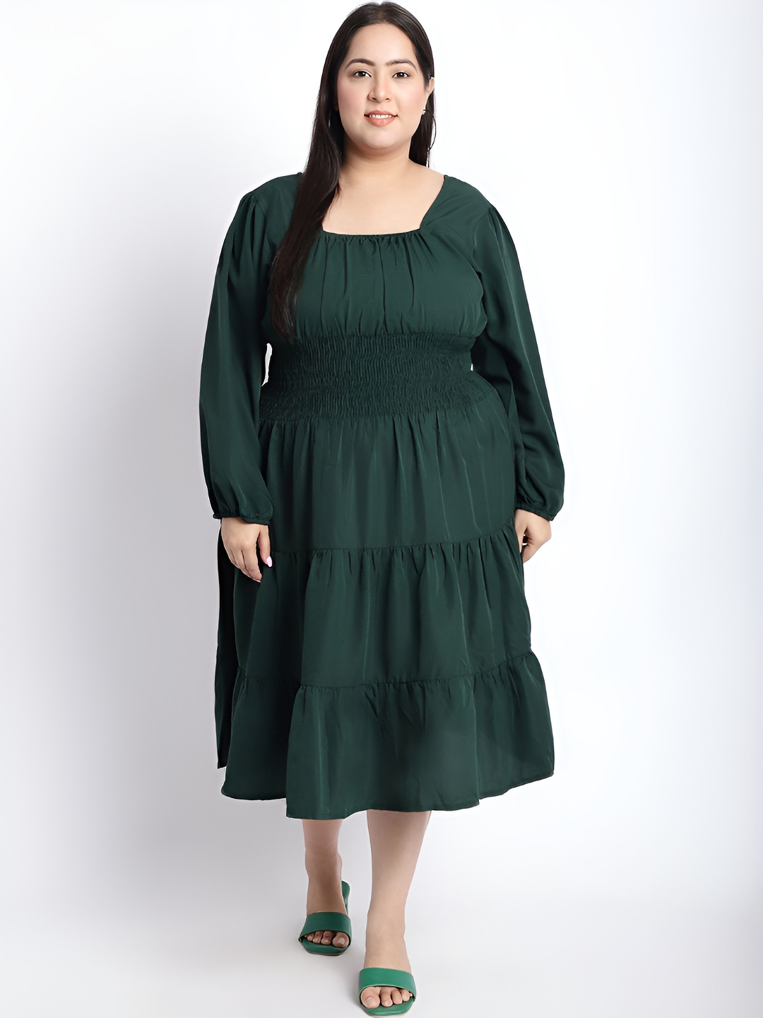 GOMES Women Solid Puff Sleeve Smocked Plus Size Fit & Flare Knee Length Dress