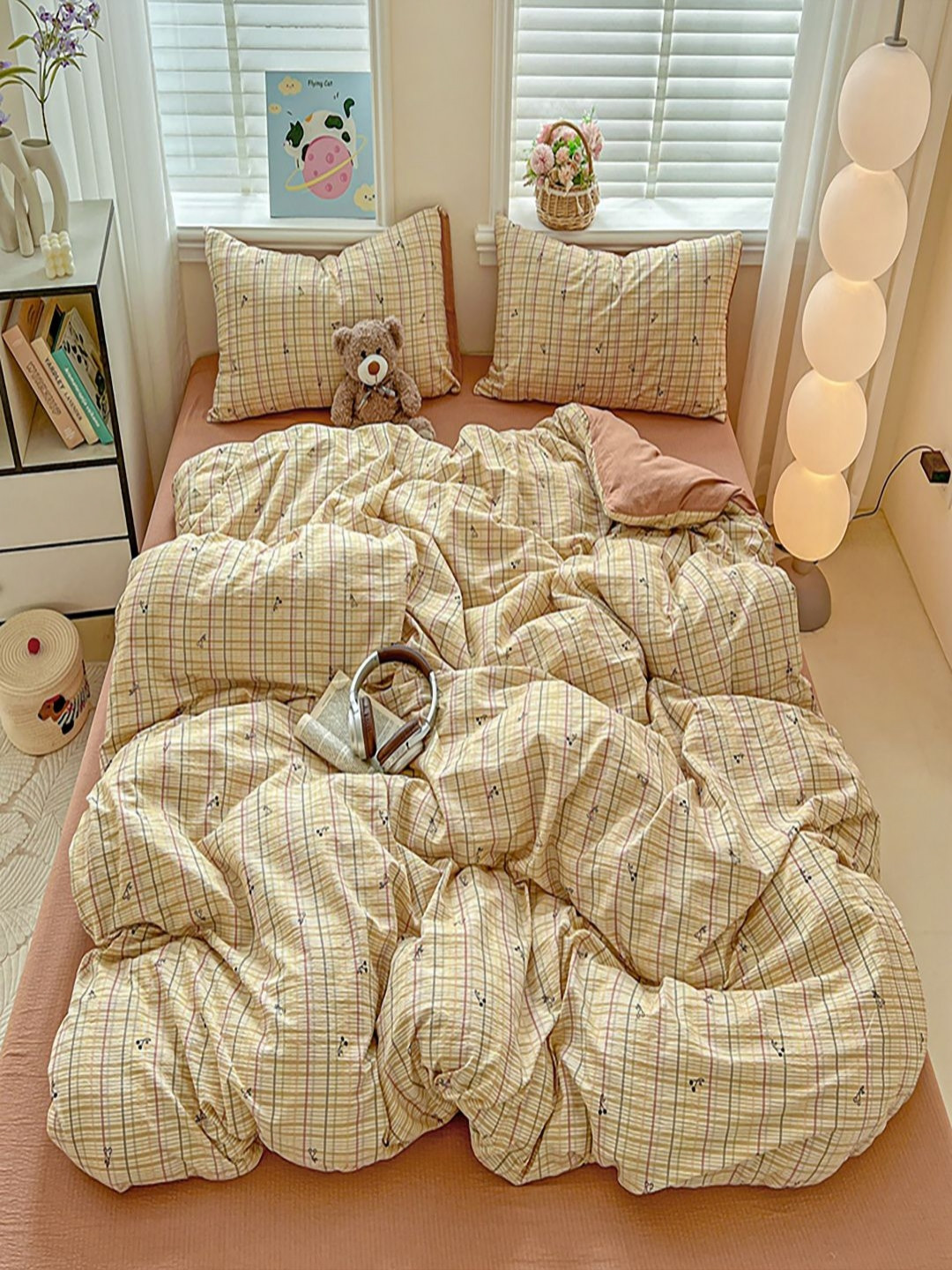 JC HOME Orange & White Checked AC Room Polycotton Double Extra Large Bedding Set