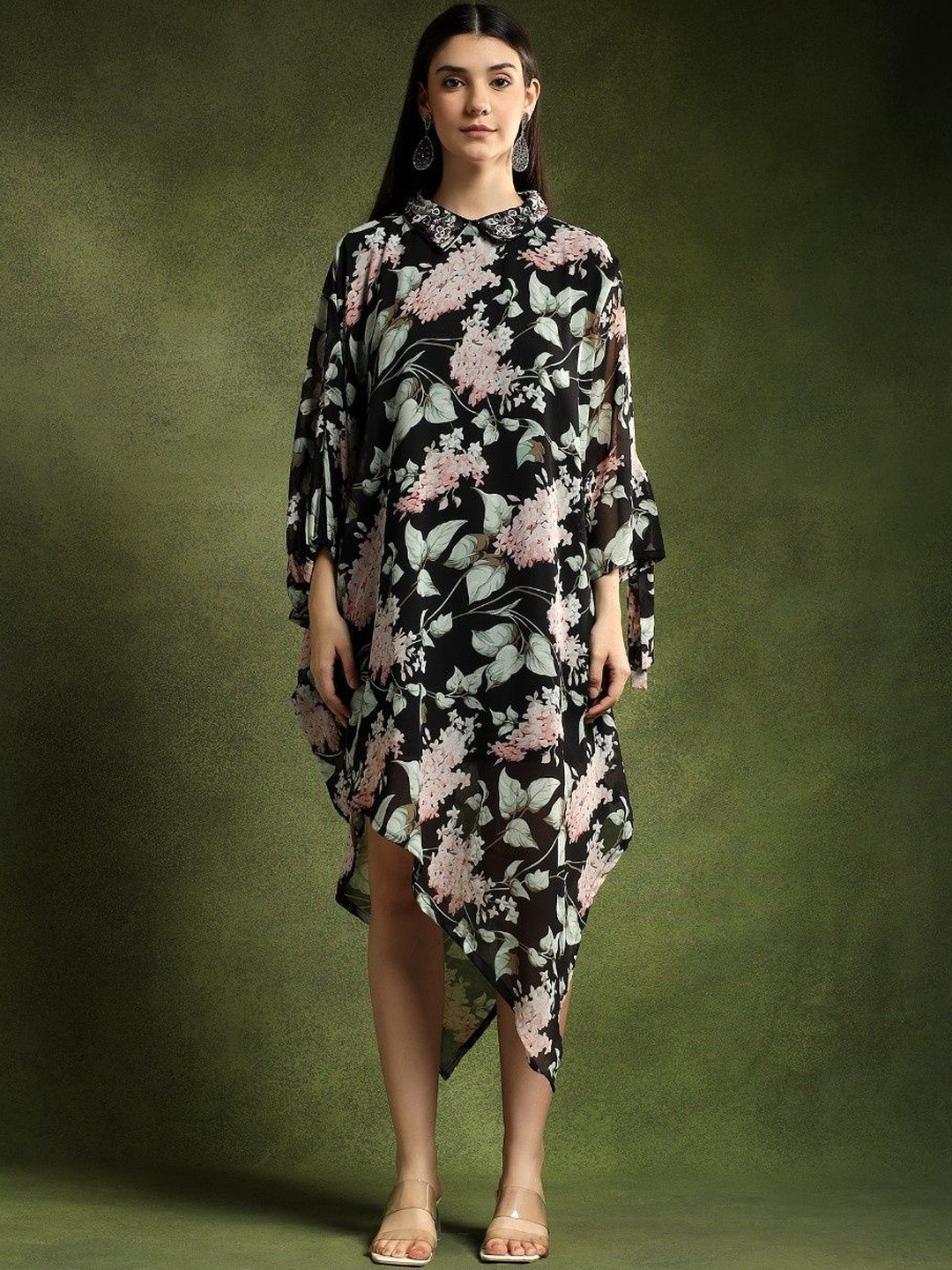 QAIYNAT Women Floral Print Shirt Collar Batwing Sleeve Kaftan Midi Dress