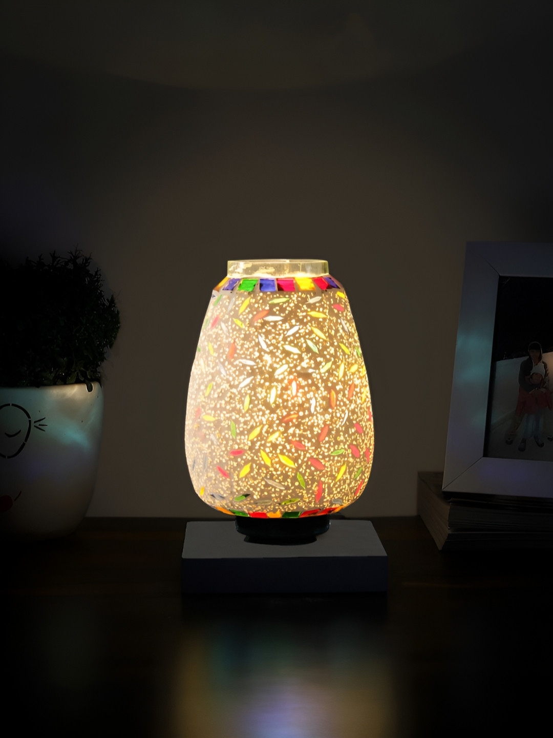 Aura White & Blue Textured Glass Lamp With Wood Base
