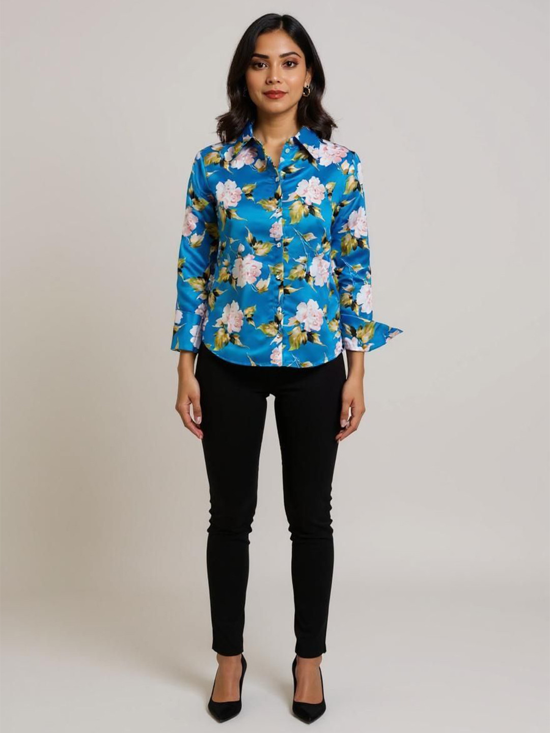 Glam & Chique Women's Polysatin Shiny Floral Printed Shirt
