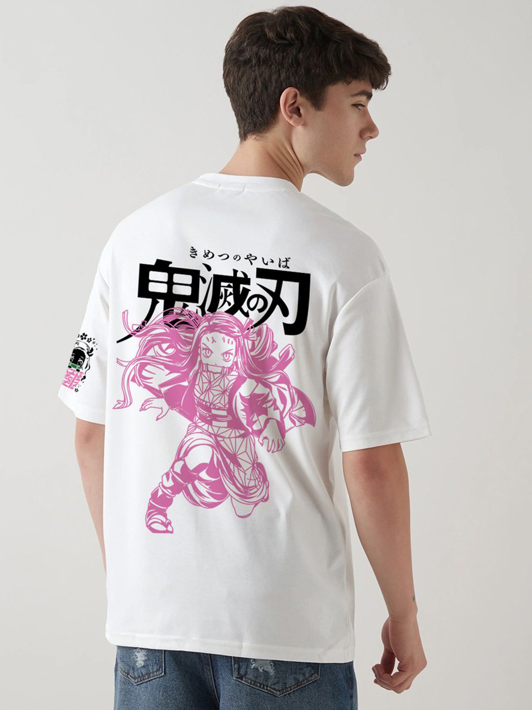 Crazymonk Men Demon Slayer Graphic Printed Round Neck Cotton Oversized T-shirt