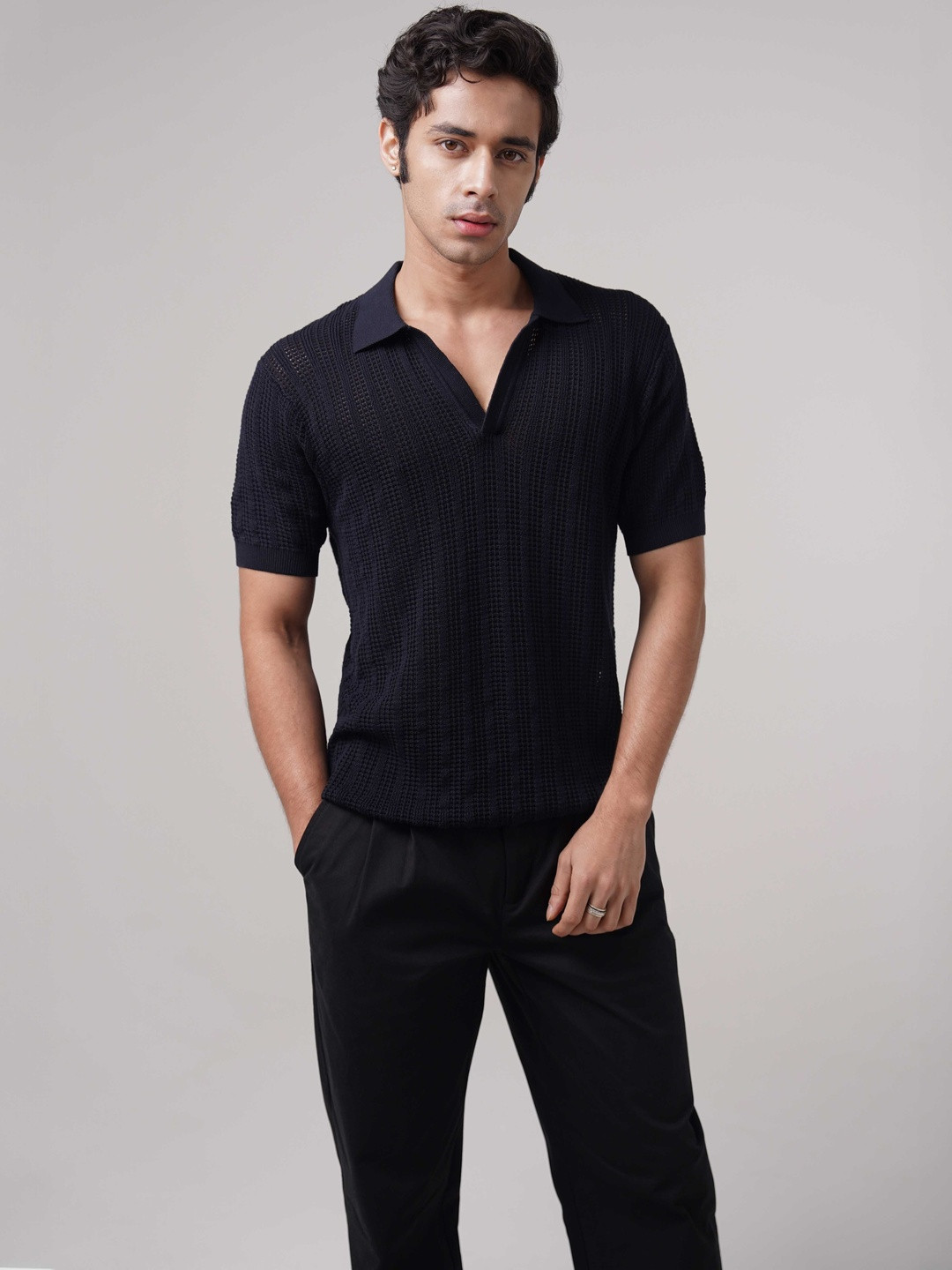 COVE AND LANE Men Self Design Polo Collar Cotton T-shirt