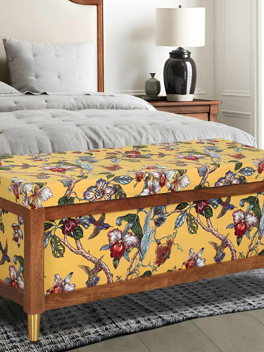 GLOBALLY INDIAN Harper Yellow & Green Printed Wooden 2-Seater Rectangle Ottoman