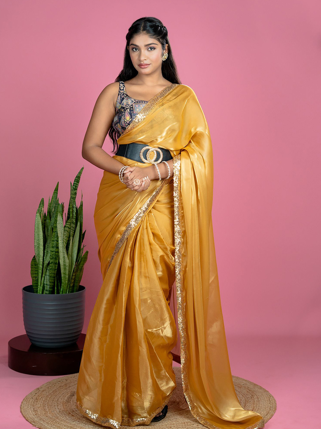 HELLA FASHIONS Sequinned Satin Belted Ready To Wear Saree