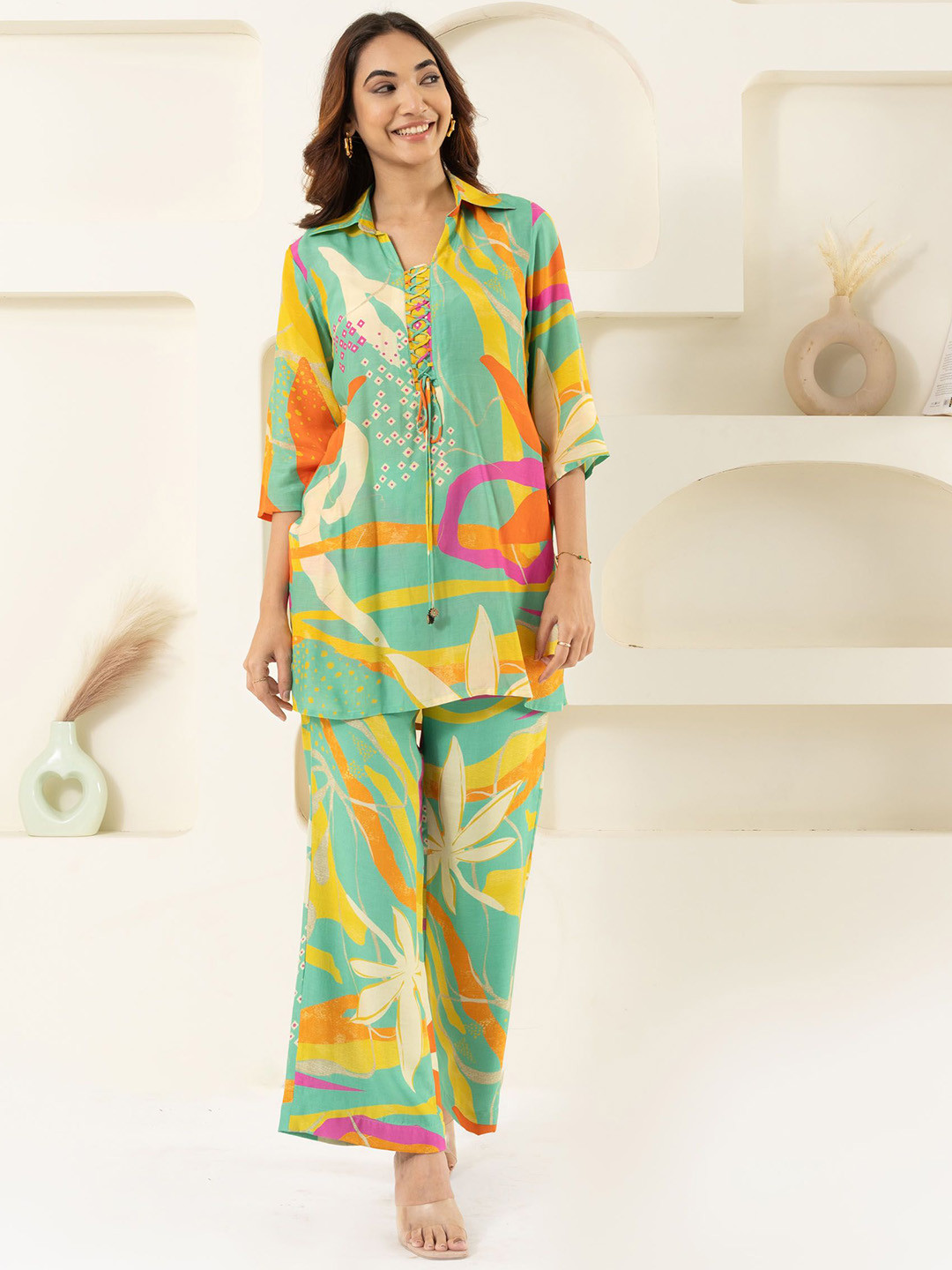 EESHA GUPTA Myra Floral Printed Shirt Collar Muslin Tunic With Trousers