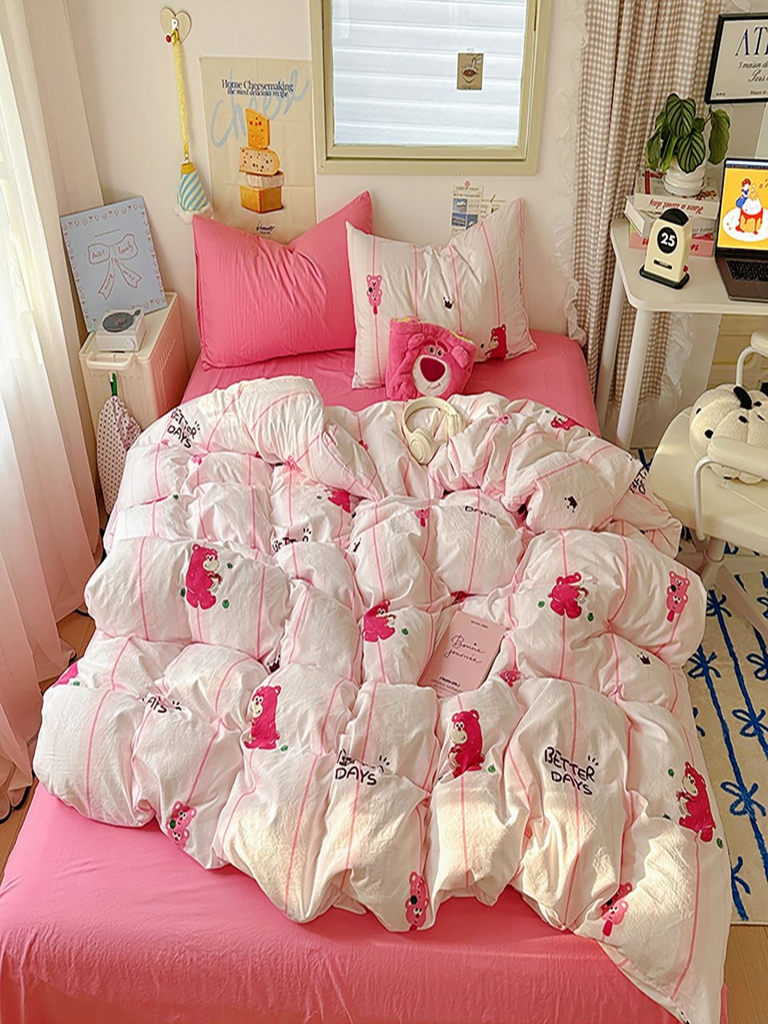 JC HOME Rose & Cream Cartoon Characters Printed AC Room Double Queen Bedding Set
