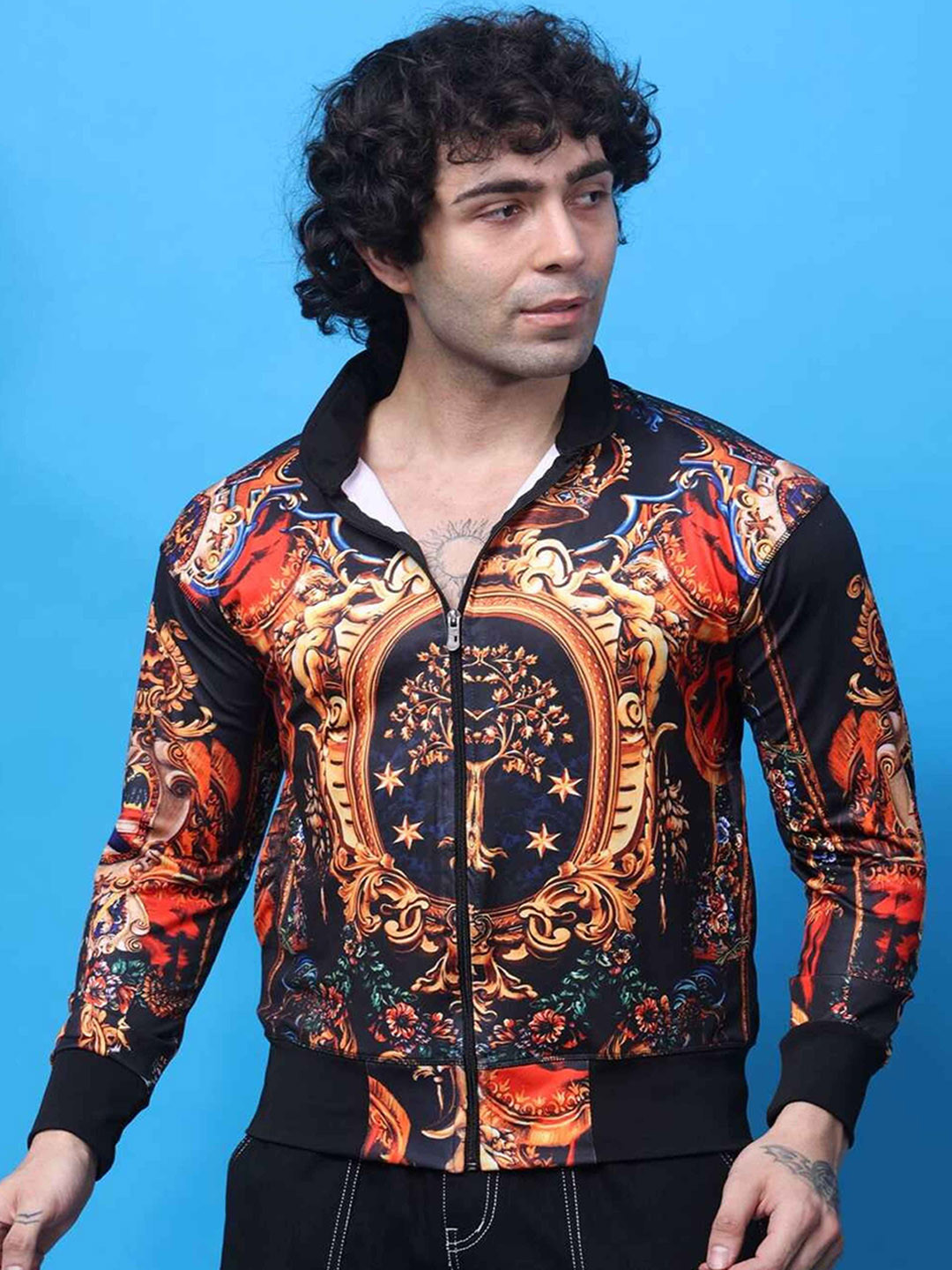 YELLOW TREE Men Mandarin Collar Graphic Lightweight Bomber Jacket