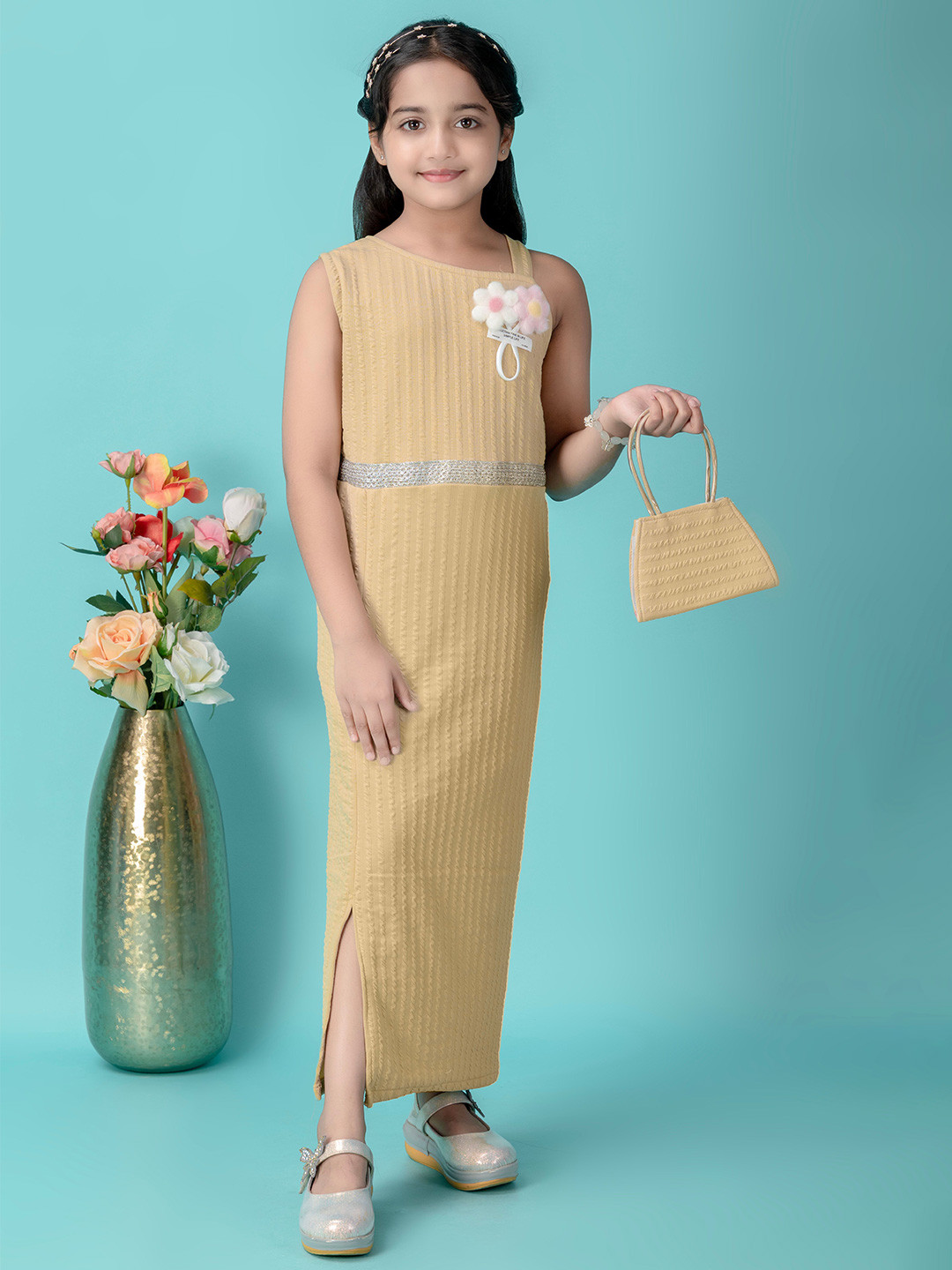 BARKAT DESIGNING PLANET Girls Asymmetric Neck Chiffon Bodycon Dress