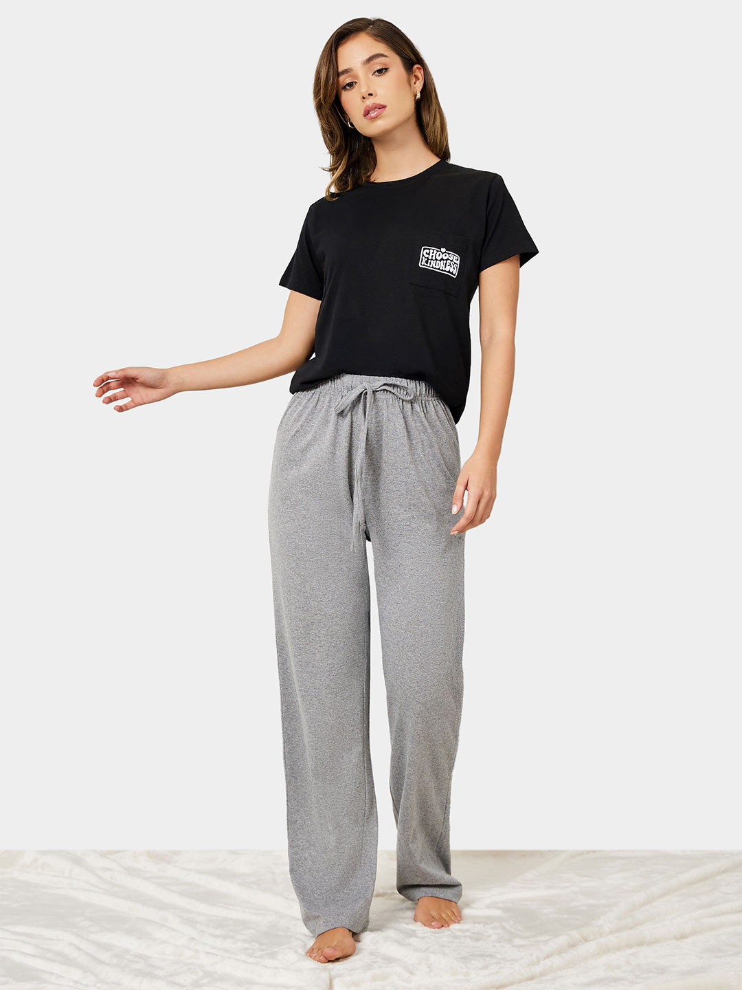 Styli Women Embroidered Pocket T-Shirt & Pyjama Night suit