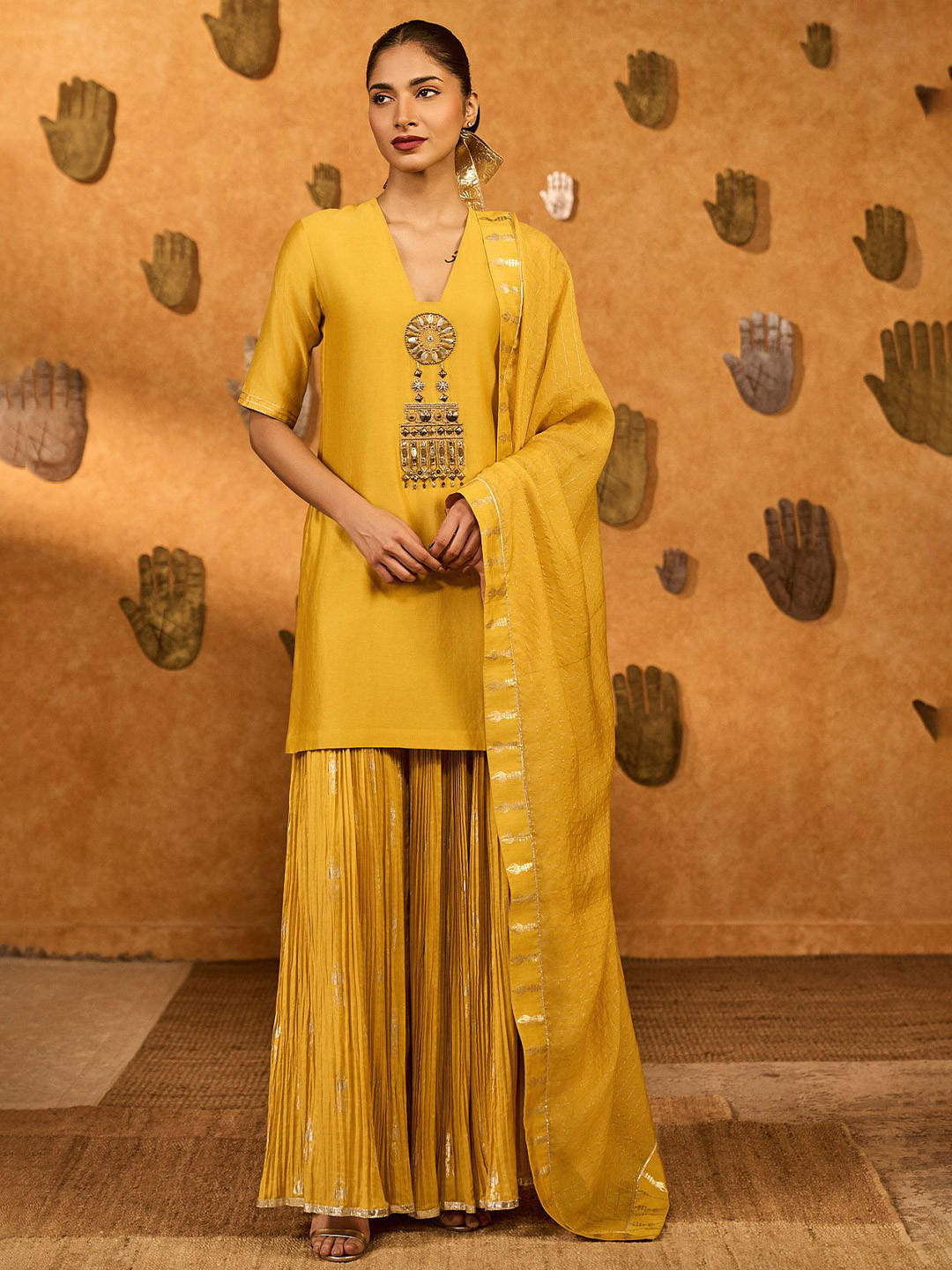 Masaba Women Paisley Embroidered Raw Silk Kurta With Sharara & Dupatta Kurta Sets