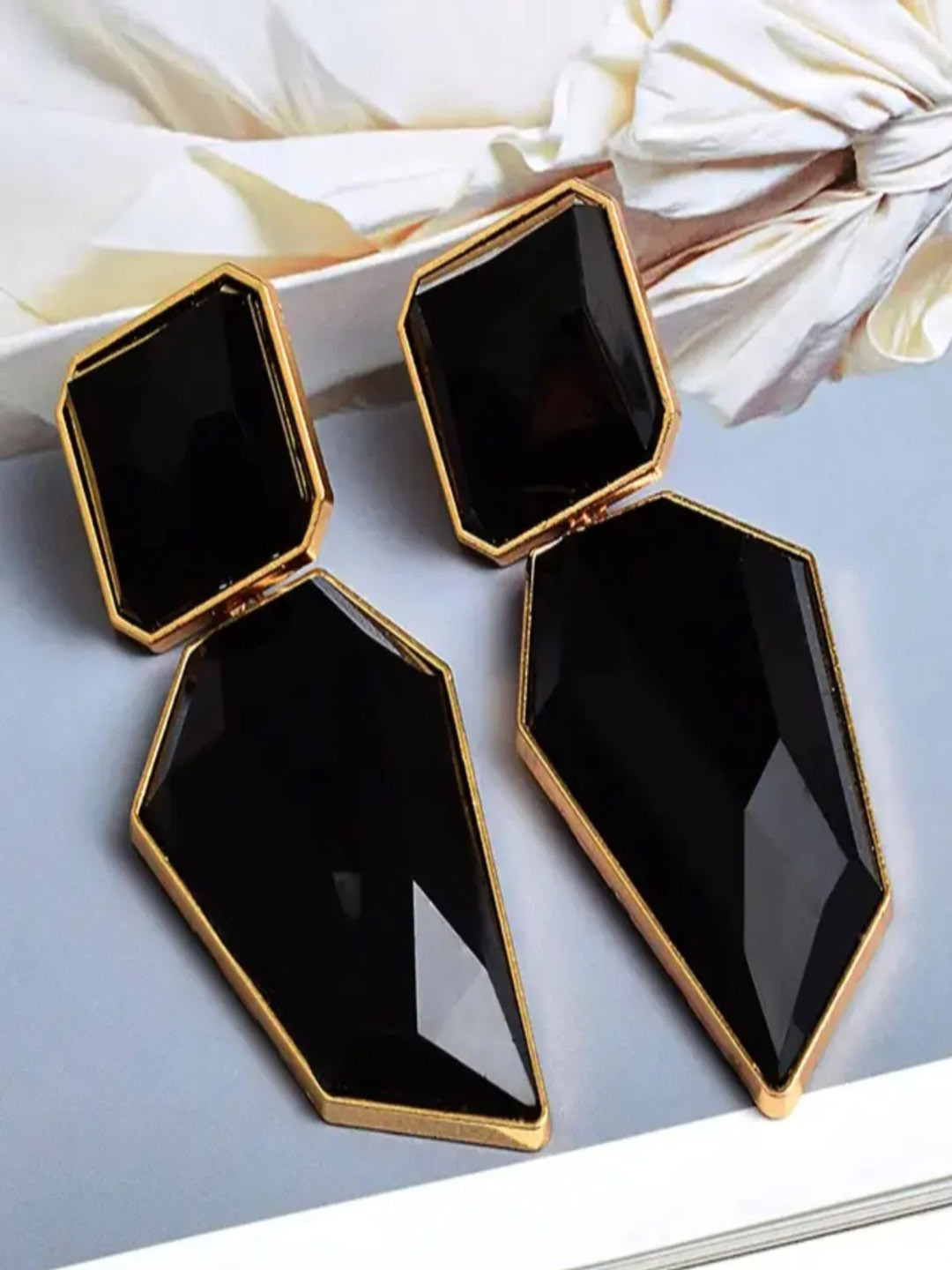 ROYAL NEEDS Korean Geometrical Shaped Artificial Stones Studded Drop Earrings