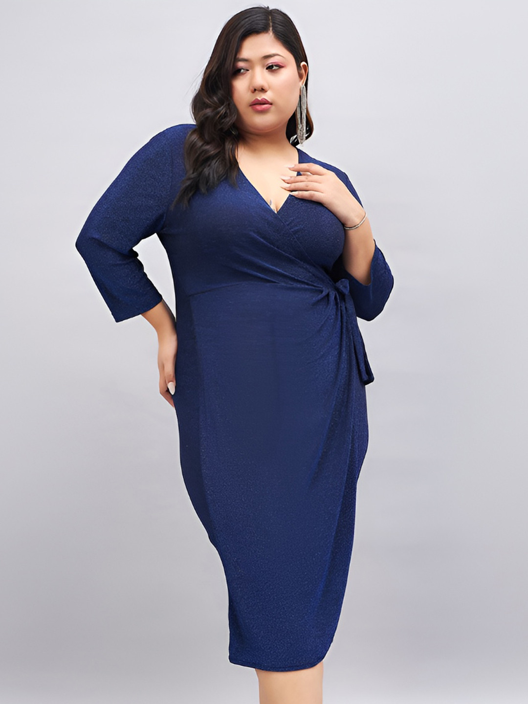 Sztori Plus Size Tie- Ups Shimmer Tulip Hemline Wrap Midi Dress