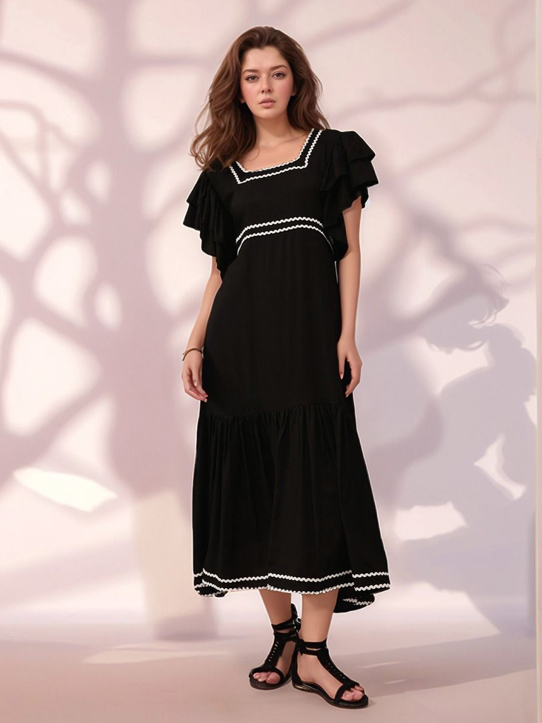 Molly & Michel Women Flutter Sleeves A-Line Midi Dress