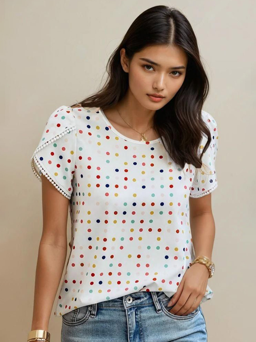 MATMA FASHION Women Polka Dot Printed Round Neck Top