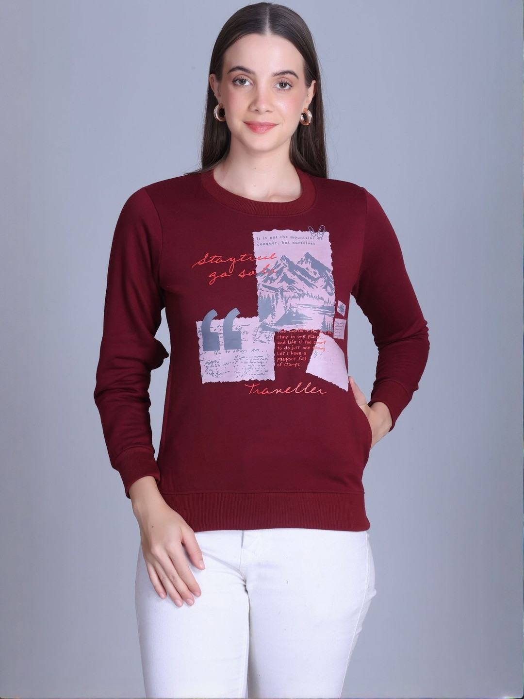 Roadster Women Maroon Round Neck Tree Printed Fleece Pullover Sweatshirt