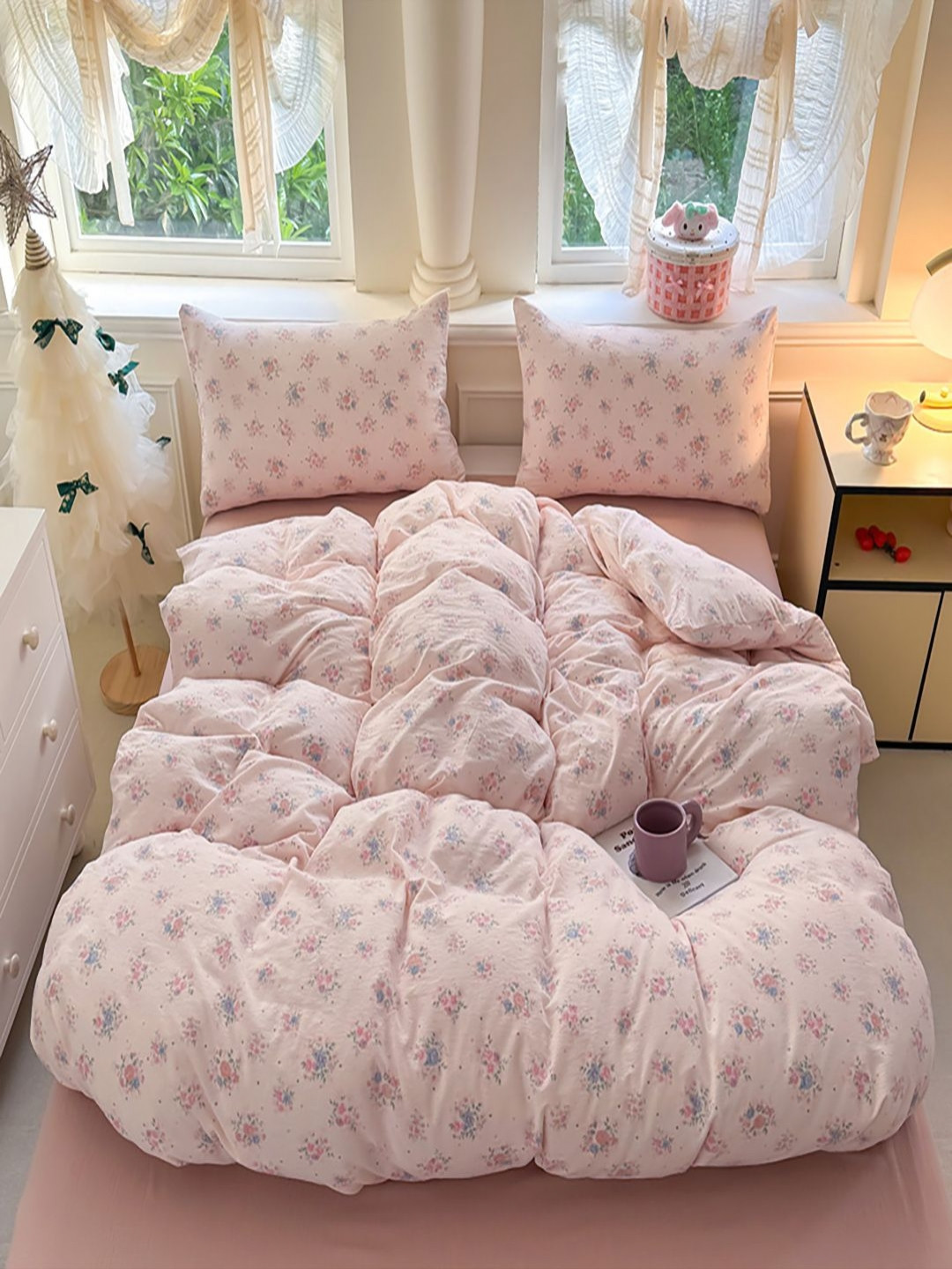 JC HOME Pink & Blue 4 Pieces Floral Single AC Room Bedding Set