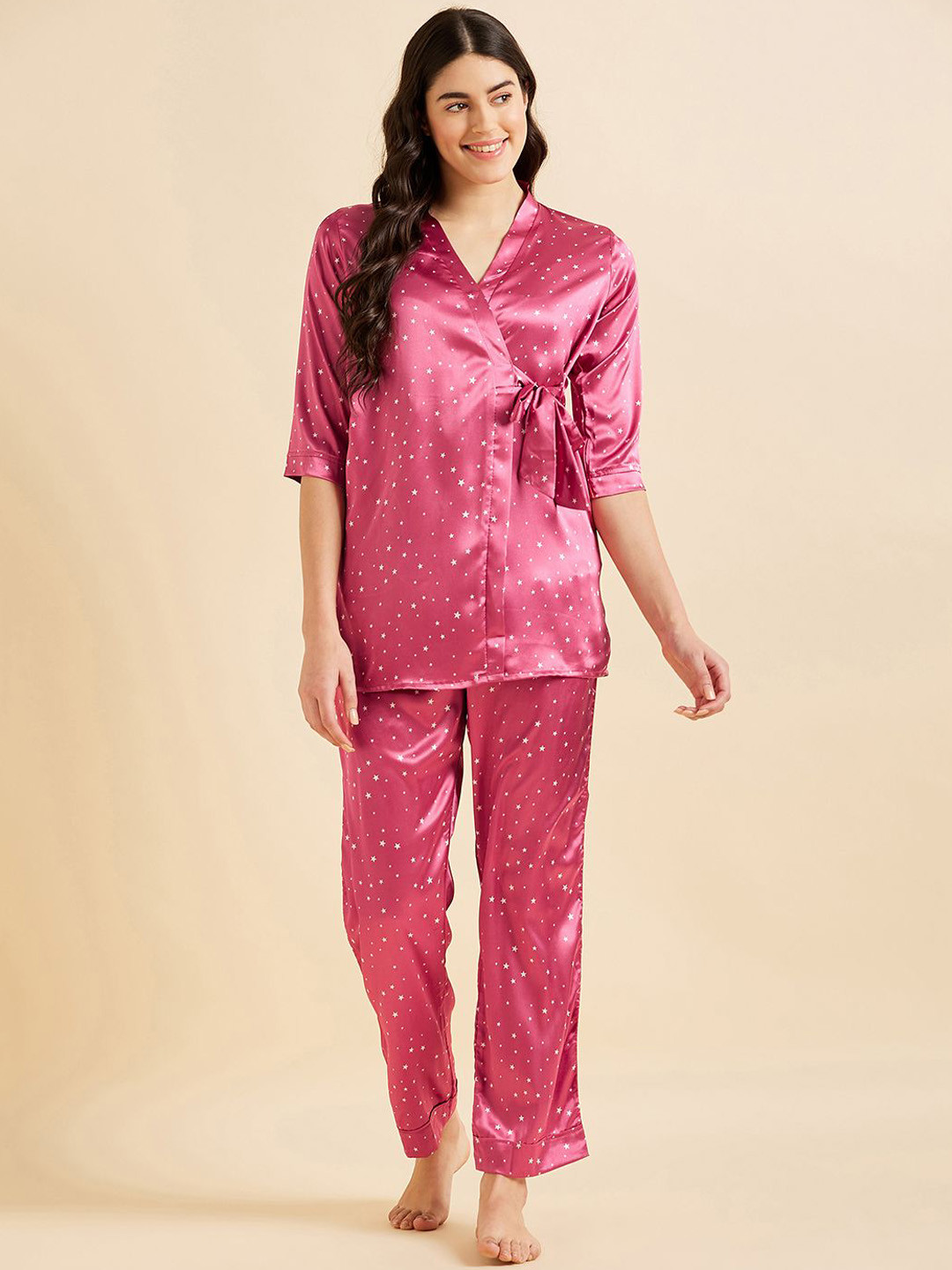 Sweet Dreams Polka Dots Printed V-Neck Satin Top & Pyjamas With Cami