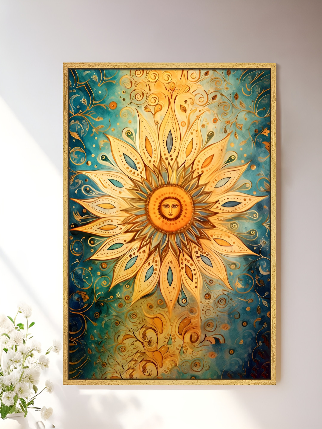 Art Street Mustard & Teal Abstract Folk Art of the Sun Canvas Wall Art