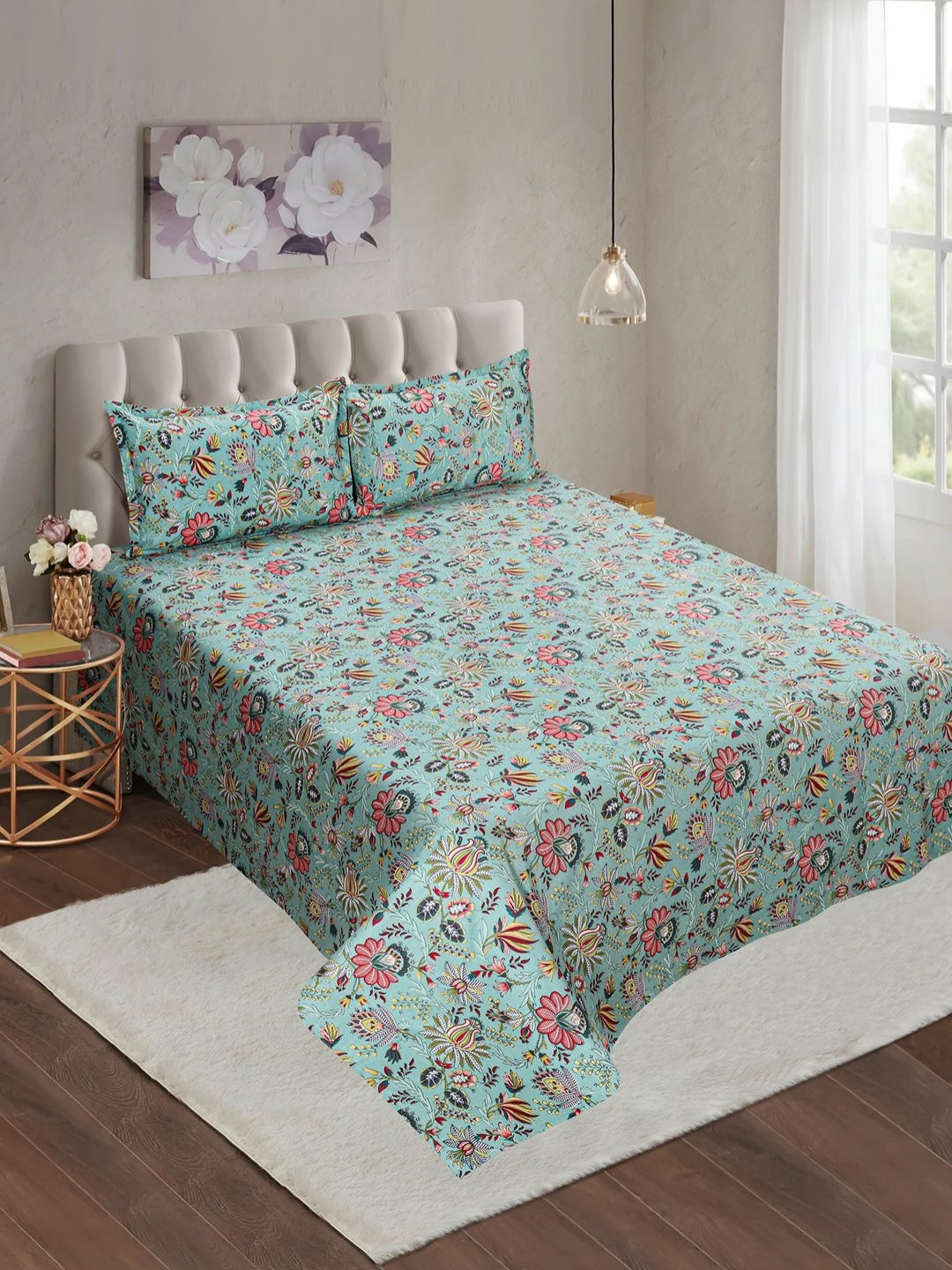 fingercraft White & Green Floral 180 TC Cotton Double King Bedsheet Set 2.50 m x 2.25 m